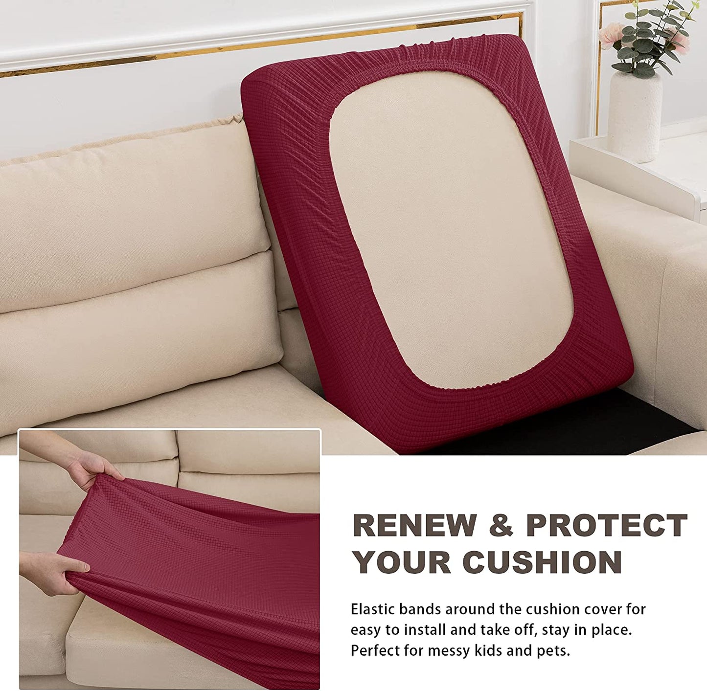 Water Repellent Sofa Couch Cushion Covers Sofa Seat Slipcover Suitable for 1/2/3 Setaer Furniture Protector, Non Slip Small Checks, Wine