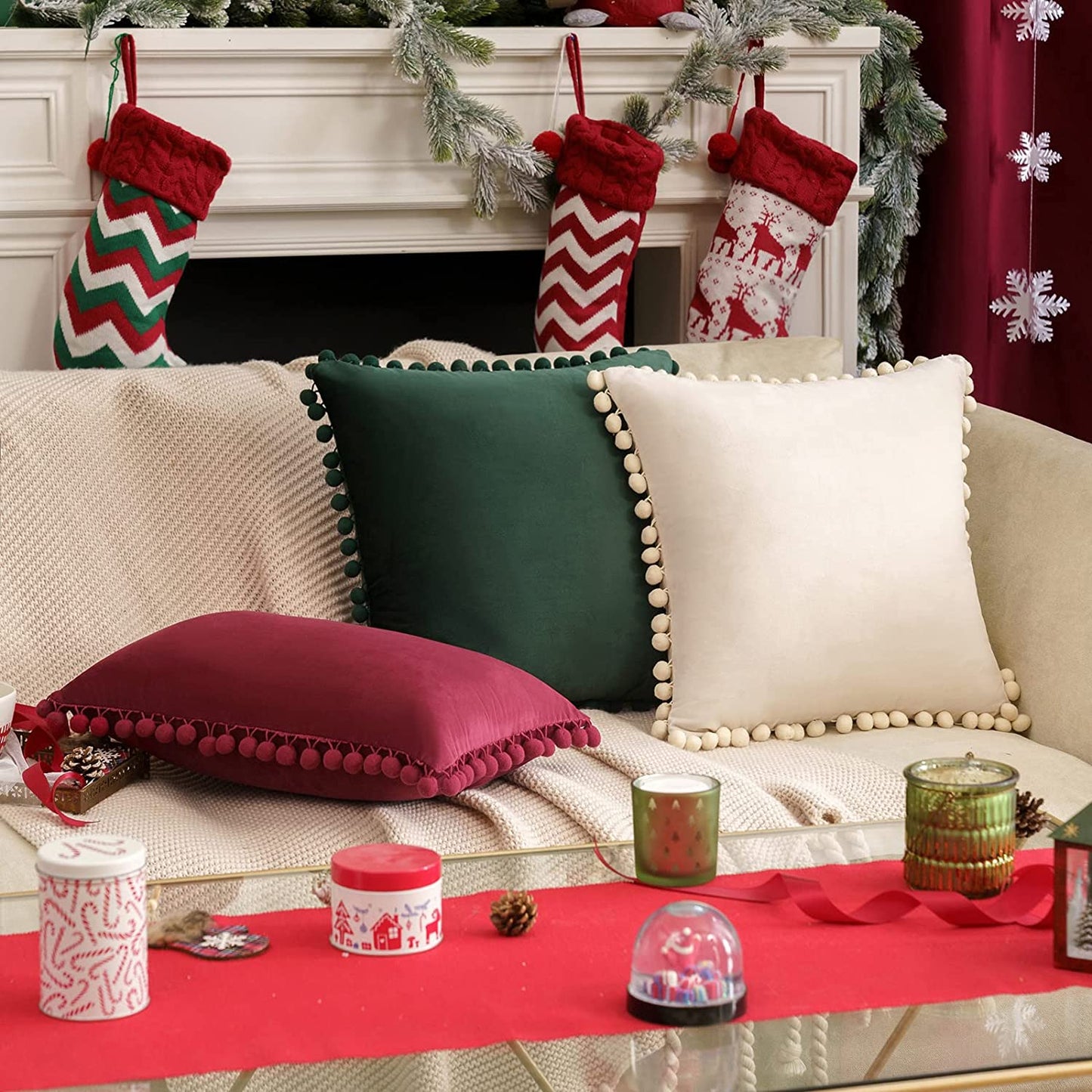 2x  Square Throw Pillows with Cute Pom-poms for Couch Sofa Bedroom Decor (Inserts + Pillow Covers,  Dark Green)