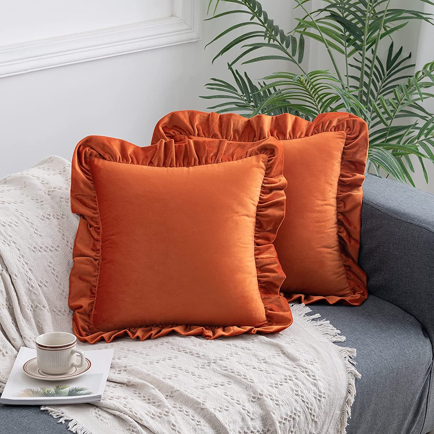 Pack of 2 Velvet Throw Pillow Covers with Ruffle, for Couch Sofa Living Room Decor(Inserts + Pillow Covers)-Orange