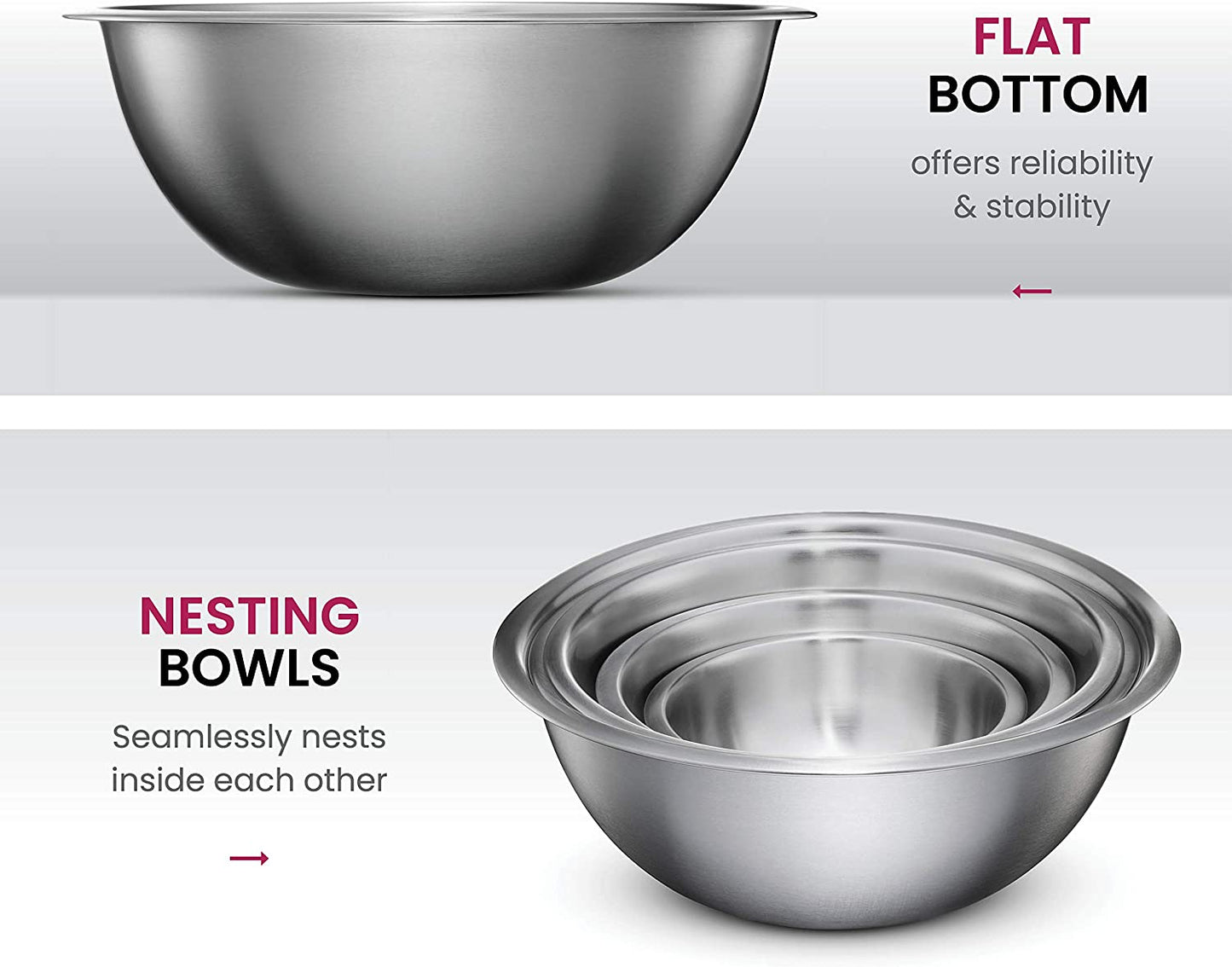 Stainless Steel Mixing Bowls (Set of 6) - Easy To Clean, Nesting Bowls for Space Saving Storage, Great for Cooking, Baking, Prepping