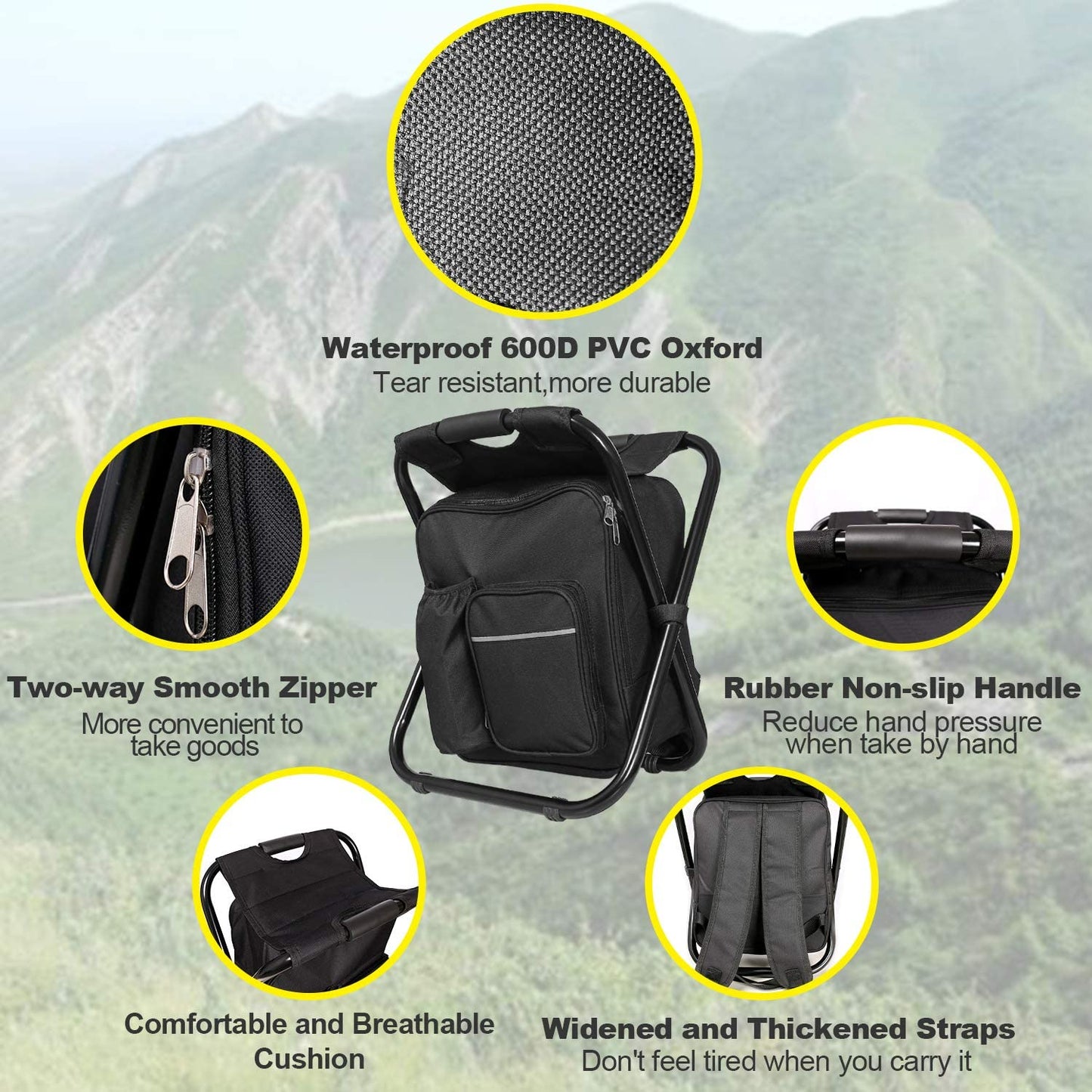 Backpack Cooler Chair ,Portable Folding Seat Stool, Lightweight Fishing Stool Outdoor Gear for Camping, Travel, Hiking, Beach, Picnic,400 LBS Capacity(Black)