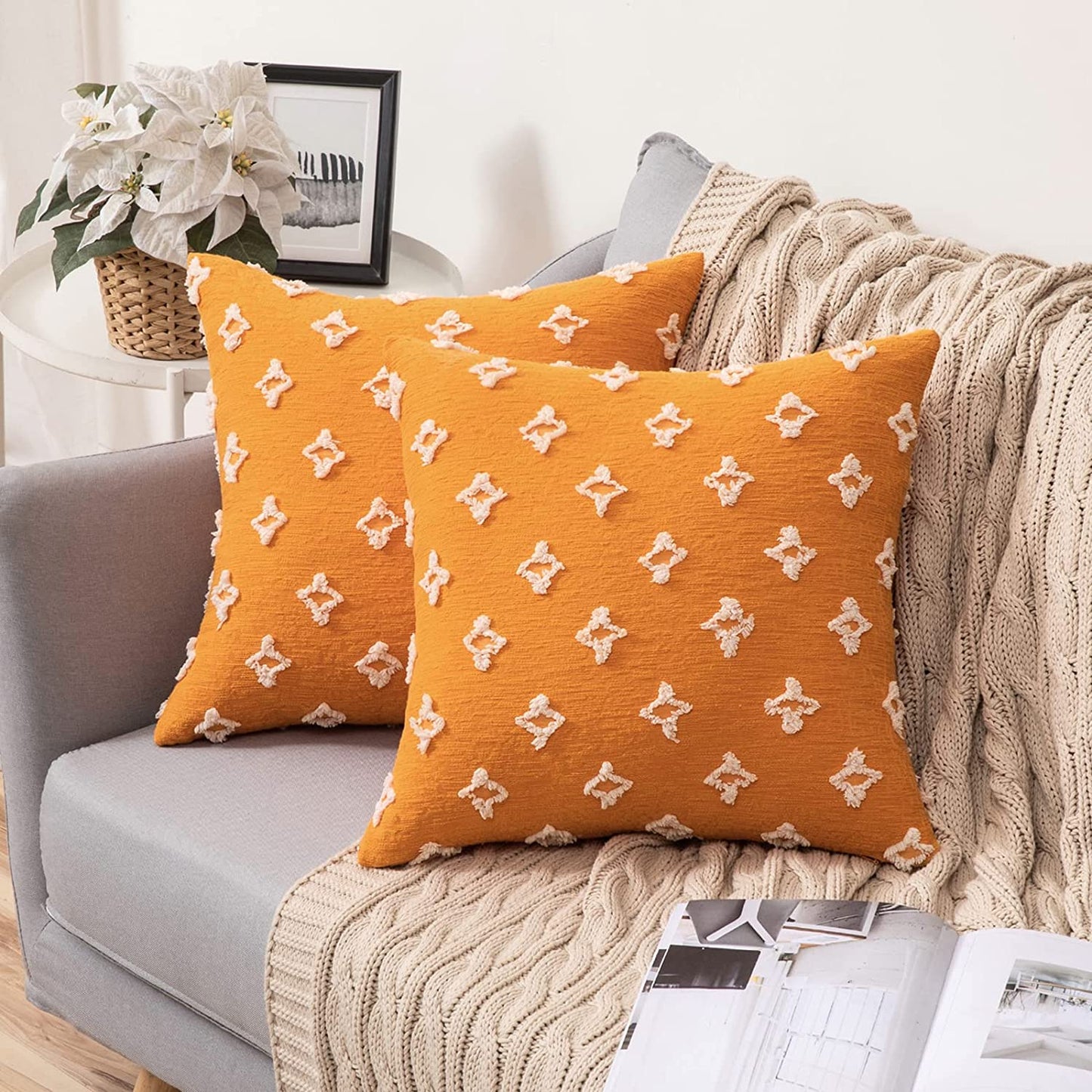 Velvet Throw Pillow Diamond Jacquard Soft Couch Pillows Set of 2 (Inserts + Pillow Covers, Orange)