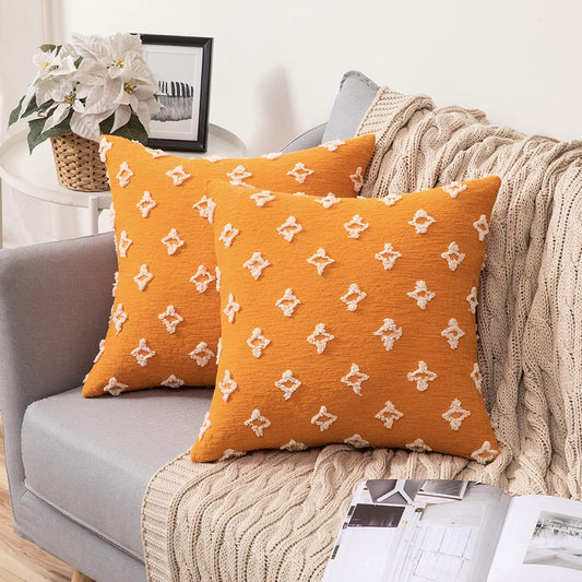 Velvet Throw Pillow Diamond Jacquard Soft Couch Pillows Set of 2 (Inserts + Pillow Covers, Orange)