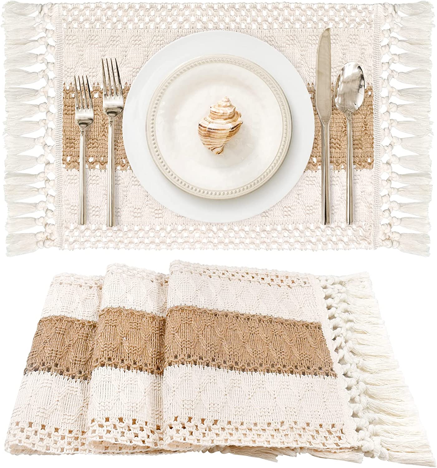 Placemats Set of 4/6/8, Cream Beige Boho Place Mats with Tassels, Hand Woven Cotton and Burlap Splicing