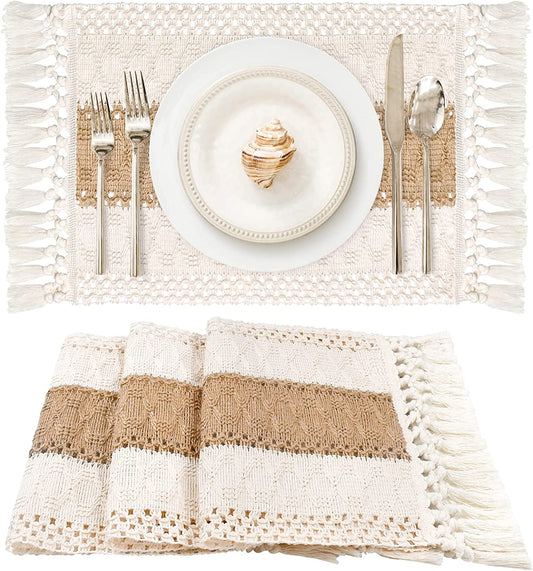 Placemats Set of 4/6/8, Cream Beige Boho Place Mats with Tassels, Hand Woven Cotton and Burlap Splicing