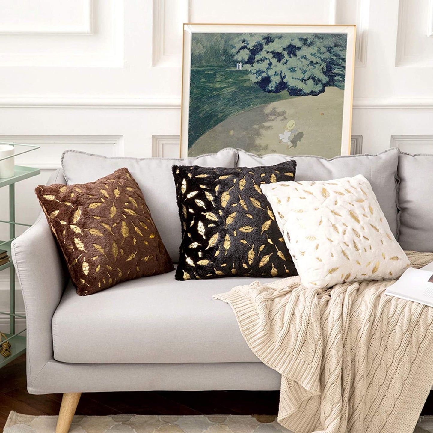 2x Square Throw Pillows Decorative Faux Fur Gold Feathers Gilding Leaves Cushion Cases Soft Fluffy(Inserts + Pillow Covers,Black)