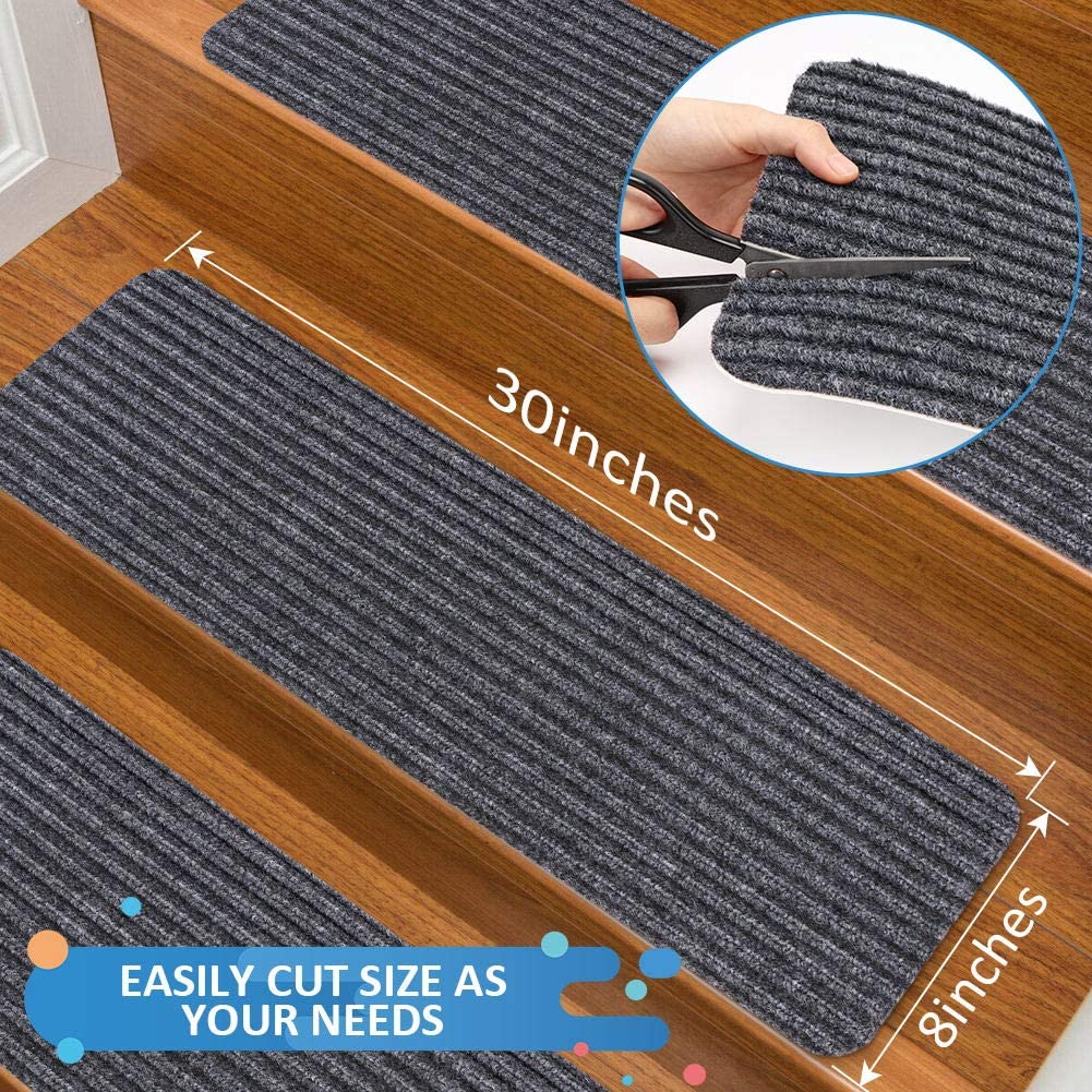Stair Treads Carpet Non-Slip Indoor Stair Runners for Wooden Steps, Stair Rugs for Kids and Dogs, Set of 15, 8" X 30", Grey