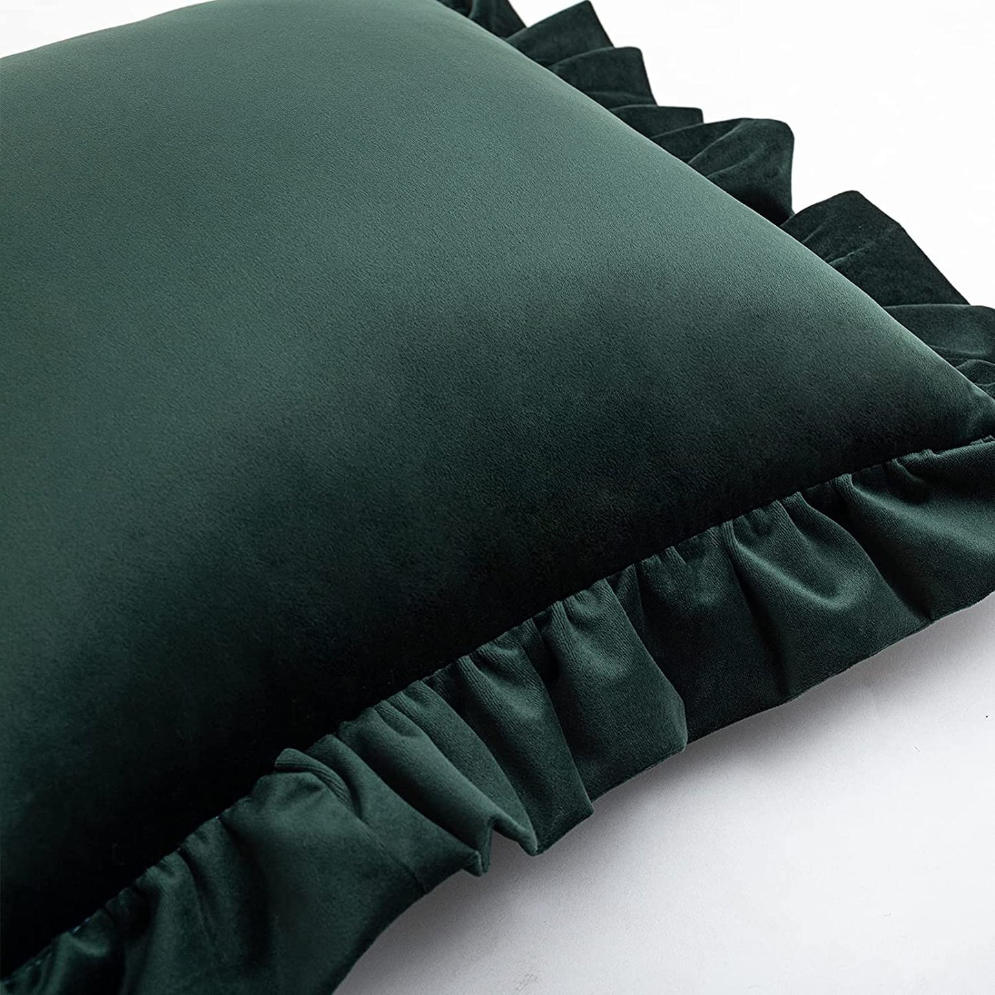 Pack of 2 Velvet Throw Pillow Covers with Ruffle, for Couch Sofa Living Room Decor(Inserts + Pillow Covers)- Dark Green