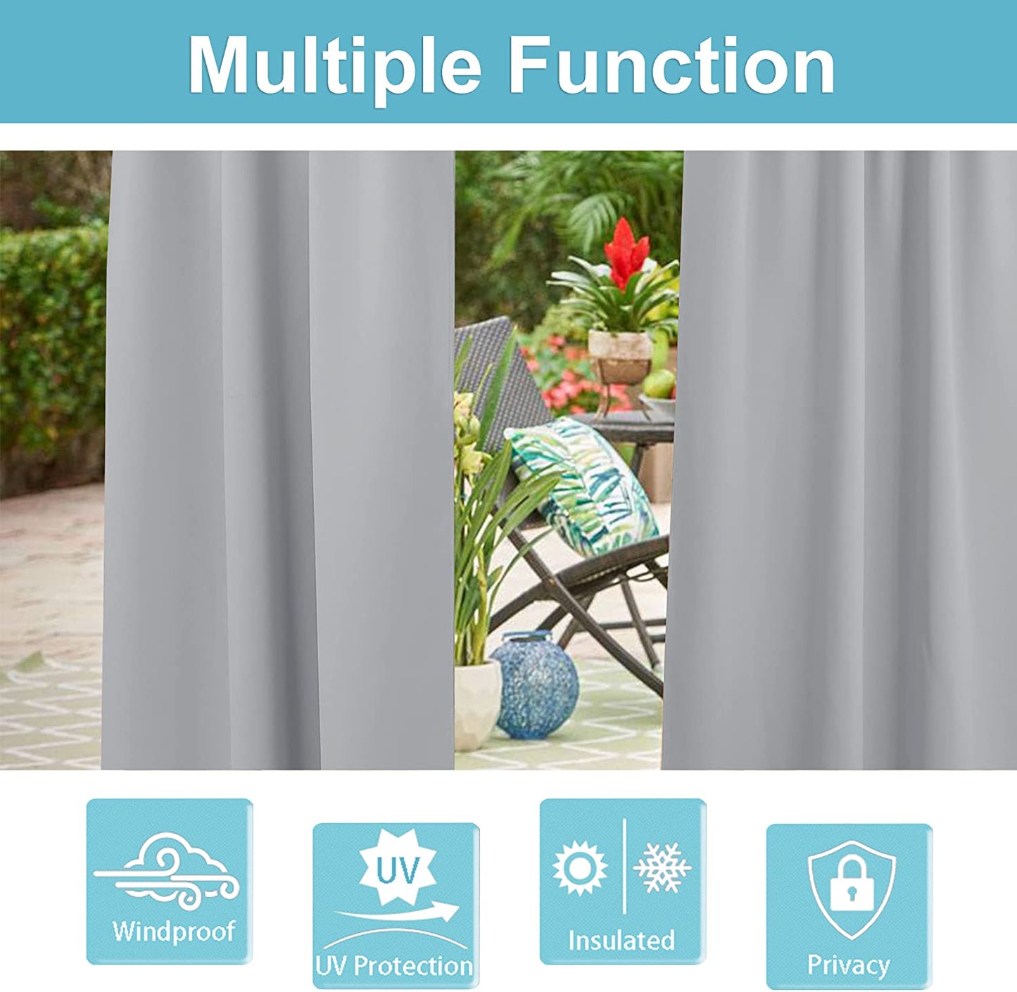 Outdoor curtains for patio - waterproof & sunlight garden curtains, light grey