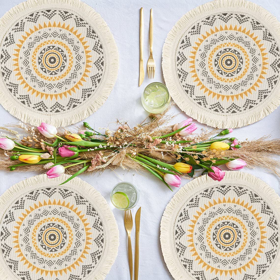 Round Placemats Set of 4/6/8, Boho Cotton Woven Macrame Tassels Table Mats Washable Heat Resistant Neutral Place Mat  (13 Inches,Yellow&brown)