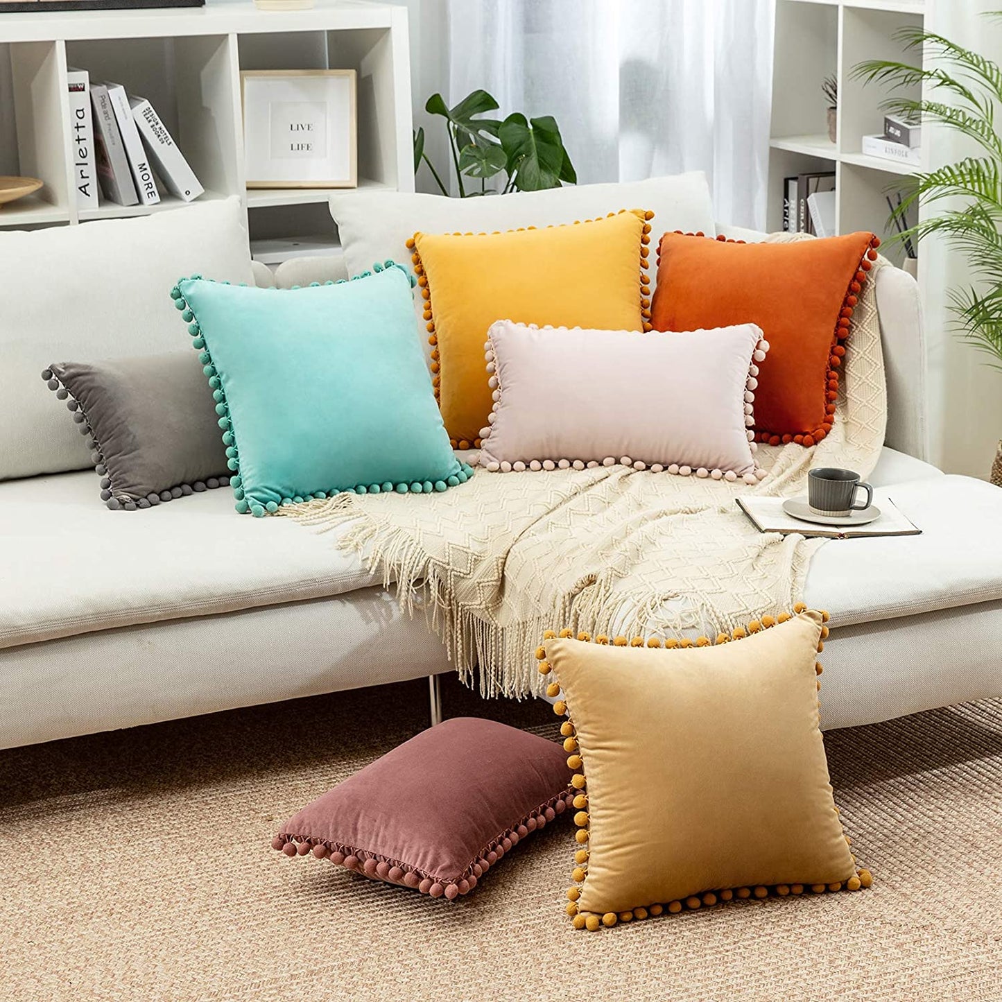 2x  Square Throw Pillow with Cute Pom-poms for Couch Sofa Bedroom Decor (Inserts + Pillow Covers, Orange)
