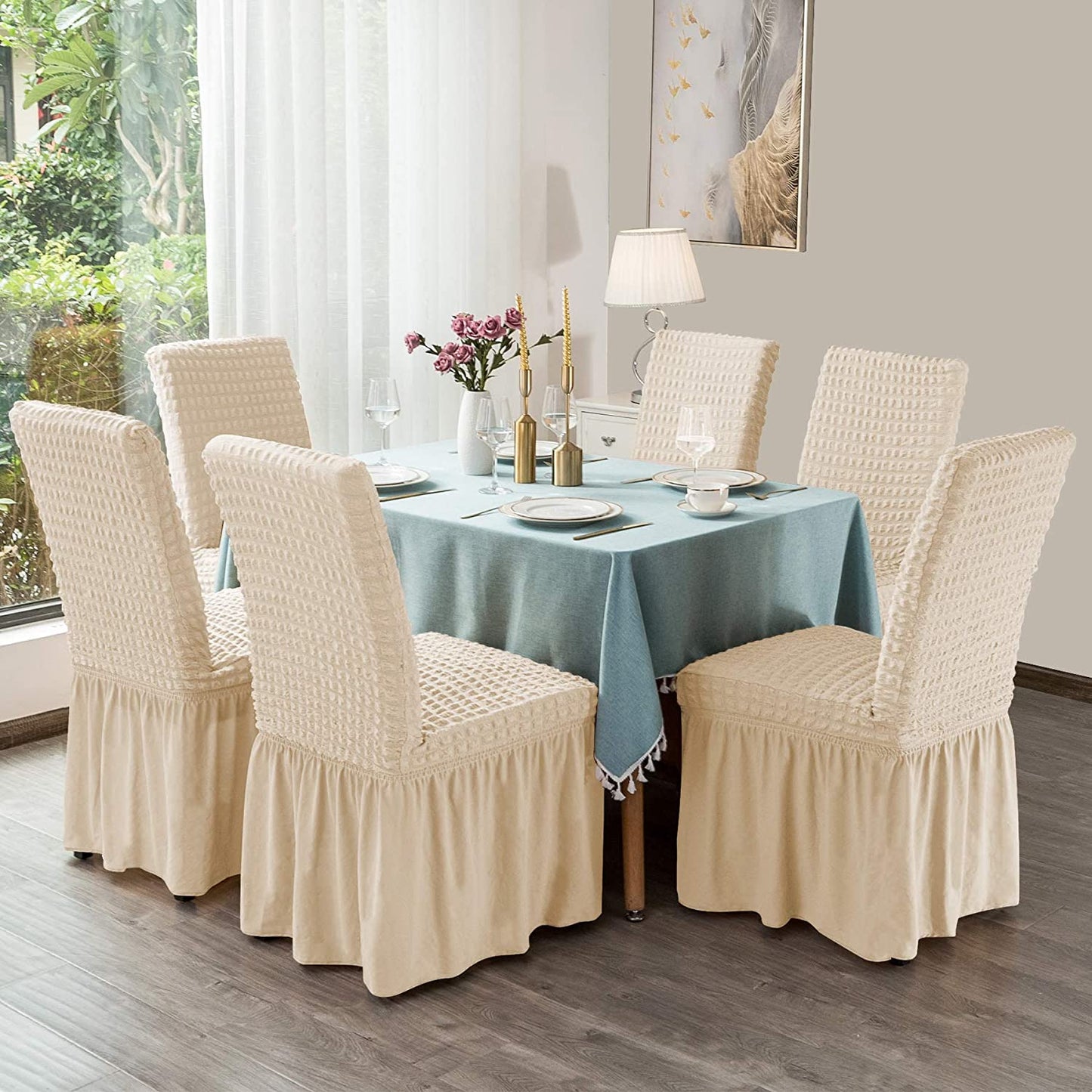 Stretchy Dining Room Chair Covers with Long Skirt, Suitable for families, parties, dirt resistant ,Set of 2/4/6/8 PCS,Light Khaki