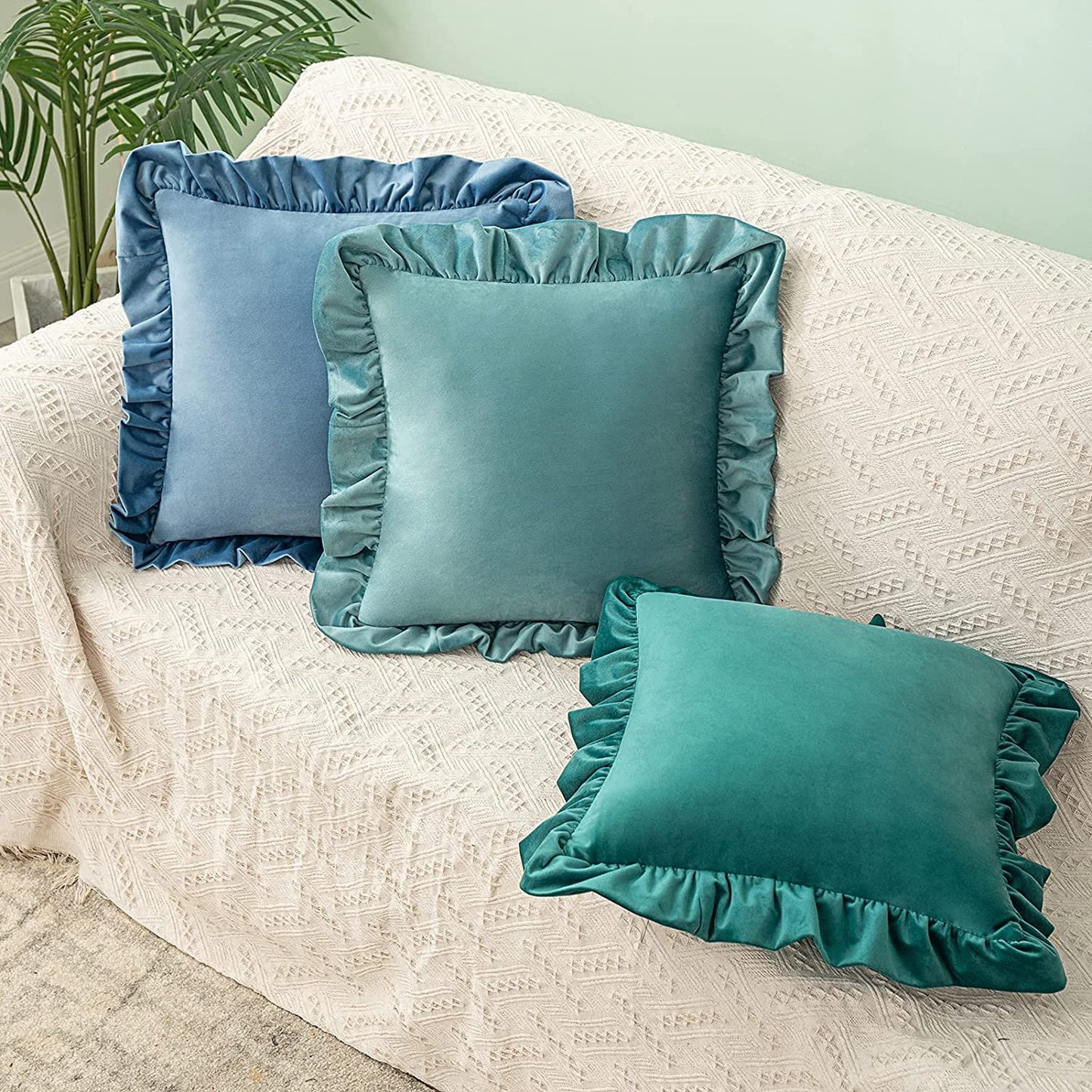 Pack of 2 Velvet Throw Pillow Covers with Ruffle, for Couch Sofa Living Room Decor(Inserts + Pillow Covers)- Aqua Green