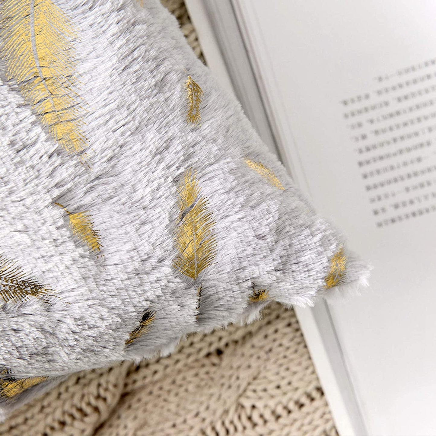 2x Square Throw Pillows Decorative Faux Fur Gold Feathers Gilding Leaves Cushion Cases Soft Fluffy(Inserts + Pillow Covers,Dove)