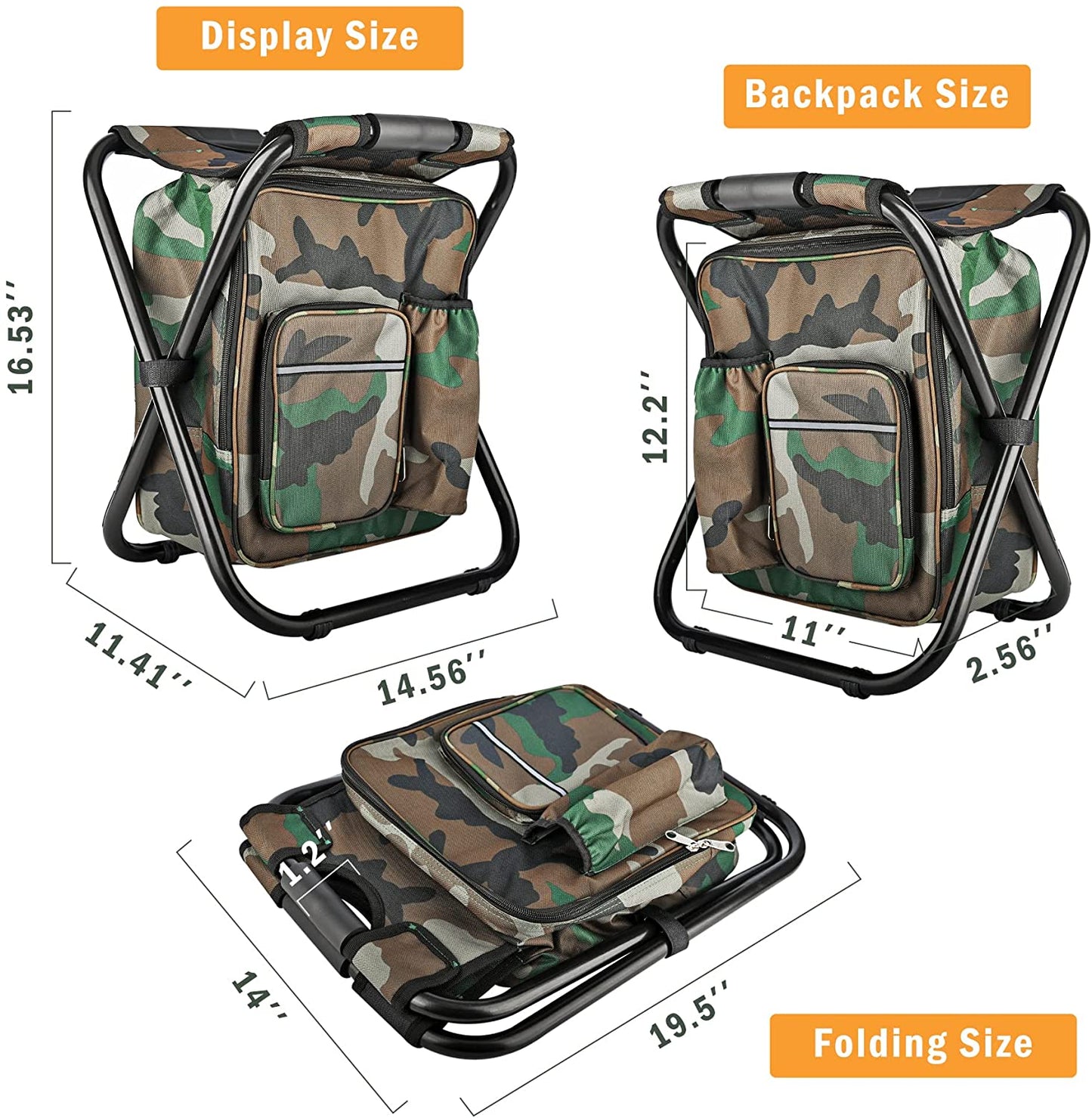 Folding Stool Backpack Insulated Cooler Bag, Collapsible Camping Hunting Fishing Multifunction Chair with Front Pocket and Bottle Pocket for Outdoor Events, Hiking, Travel, Beach