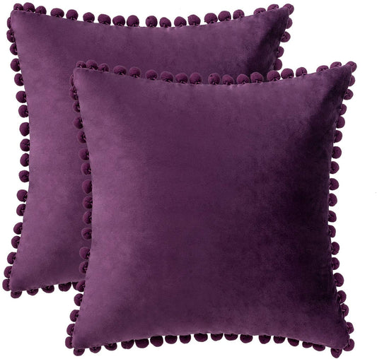 2x  Square Throw Pillows with Cute Pom-pom for Couch Sofa Bedroom Decor (Inserts + Pillow Covers,  Purple)