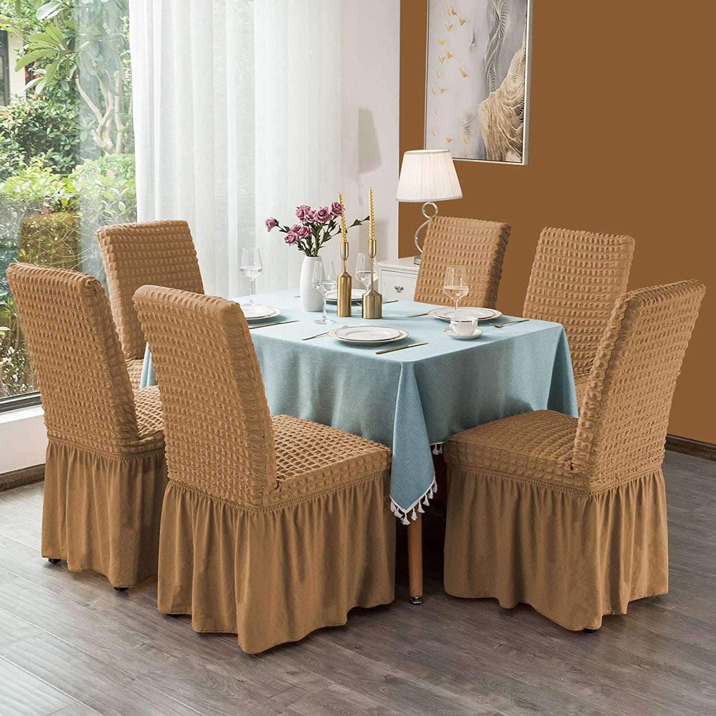 Stretchy Dining Room Chair Covers with Long Skirt, Suitable for families, parties, dirt resistant ,Set of 2/4/6/8 PCS,Almond