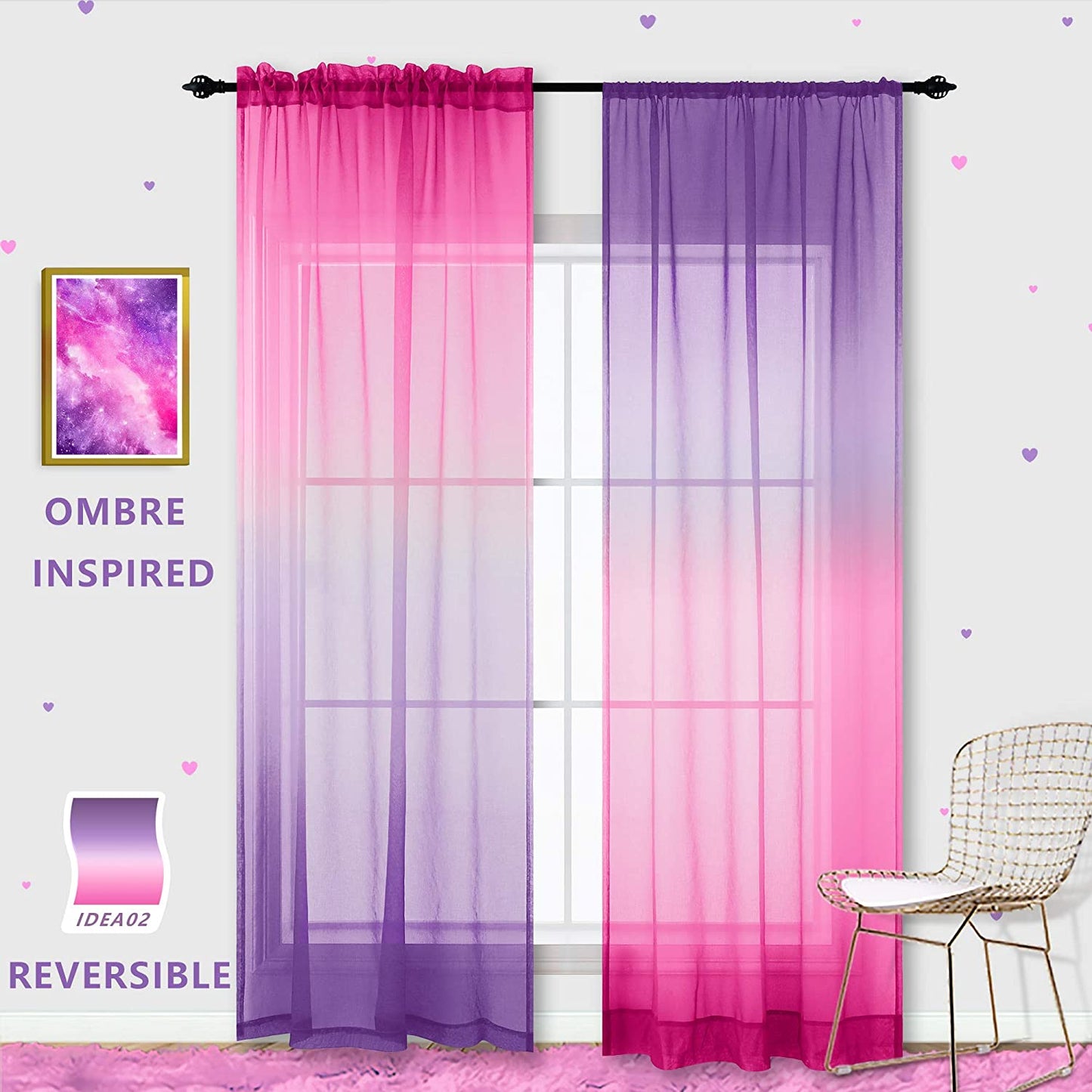 Ombre Sheer Curtains for Bedroom 2 Pieces Set Reversible Pink and Purple