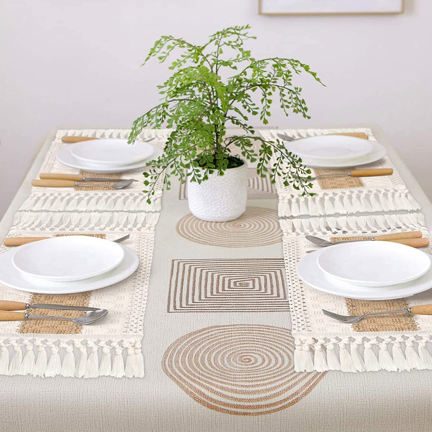 Placemats Set of 4/6/8, Cream Beige Boho Place Mats with Tassels, Hand Woven Cotton and Burlap Splicing
