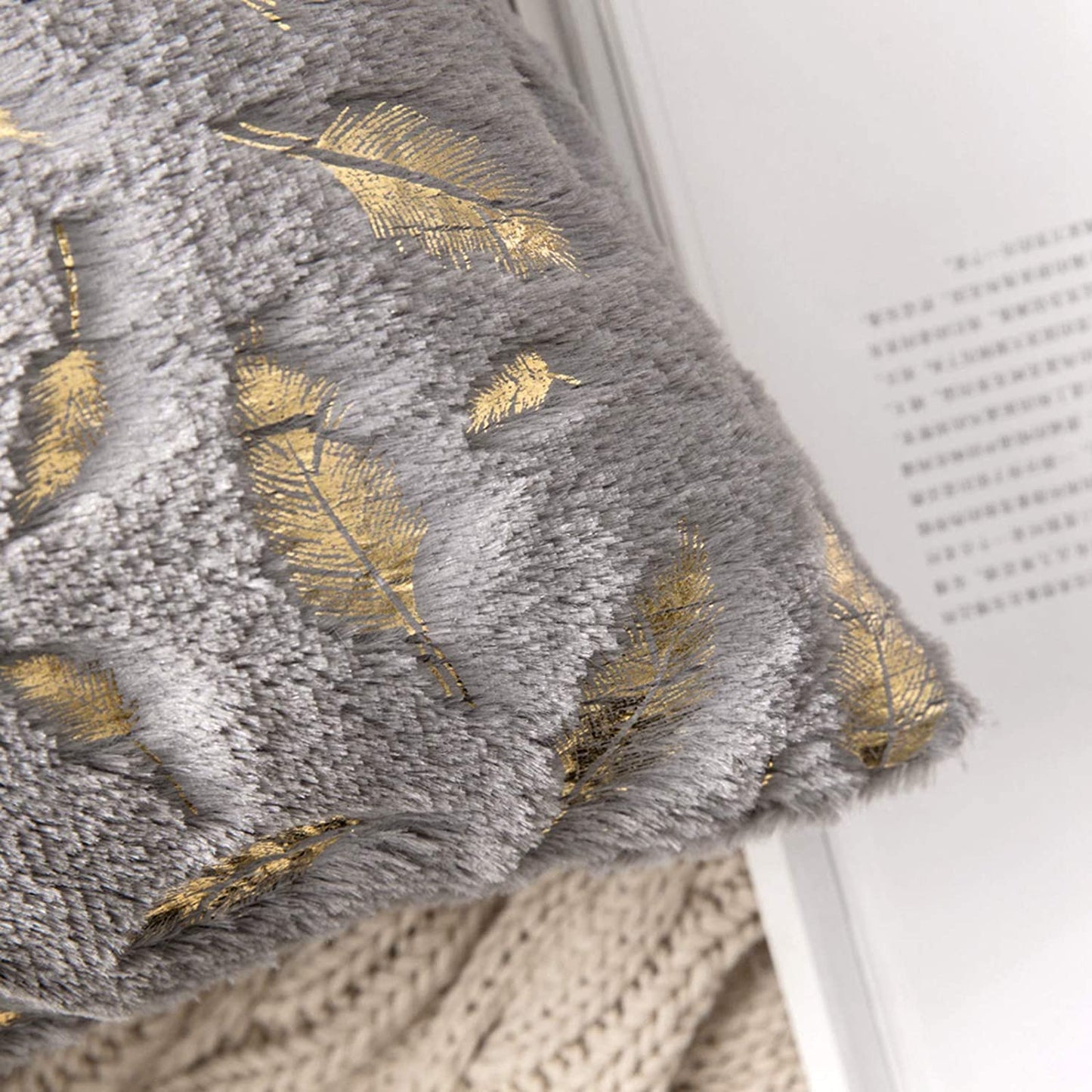 2x Square Throw Pillows Decorative Faux Fur Gold Feathers Gilding Leaves Cushion Cases Soft Fluffy(Inserts + Pillow Covers,Grey)