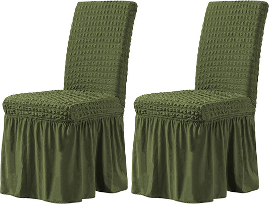 Stretchy Dining Room Chair Covers with Long Skirt, Suitable for families, parties, dirt resistant ,Set of 2/4/6/8 PCS,Green