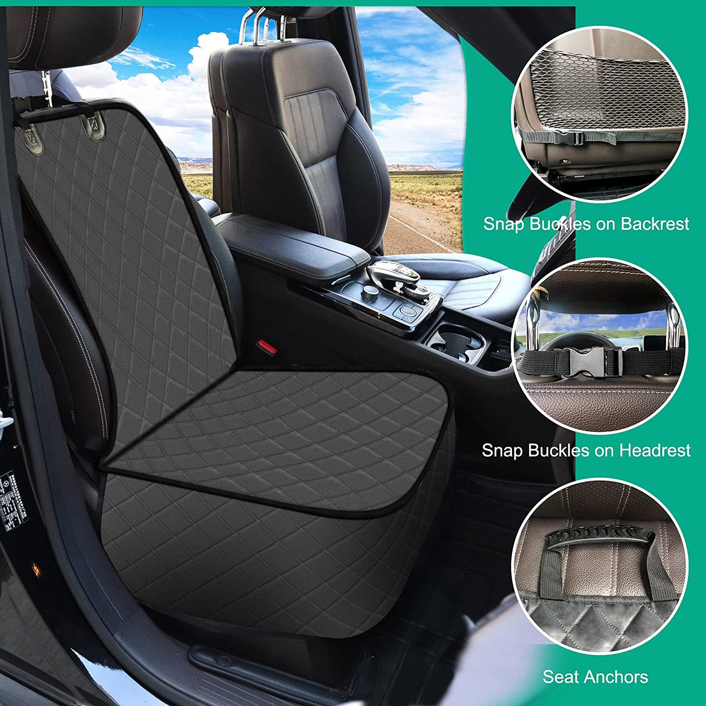 Pet Front Seat Cover, Waterproof Heavy Duty Front Dog Seat Cover with Anchors, Nonslip Net Backing & Scratchproof Dog Car Seat Cover, Black/Grey
