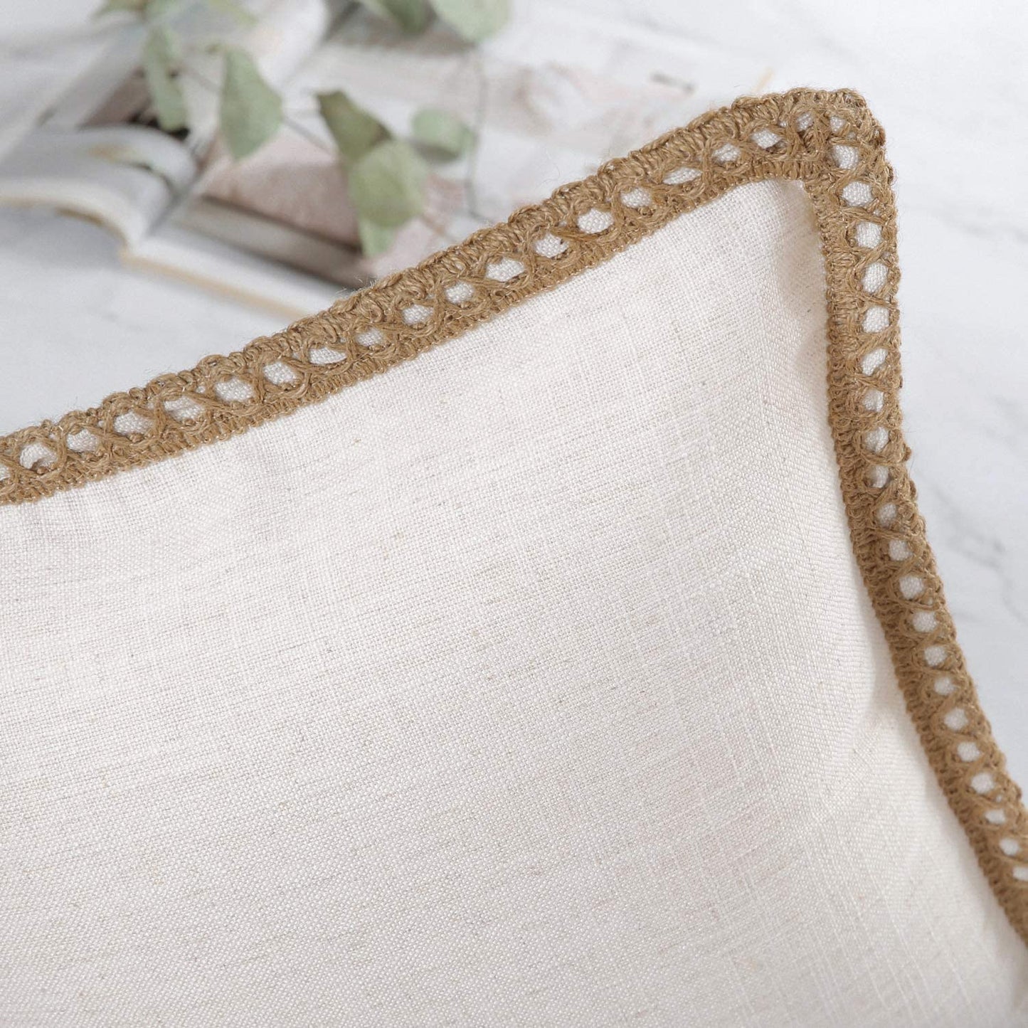 Pack of 2 Farmhouse Decorative Throw Pillow Covers Burlap Linen Trimmed Tailored Edges ,for Couch Sofa Living Room Decor - Ivory