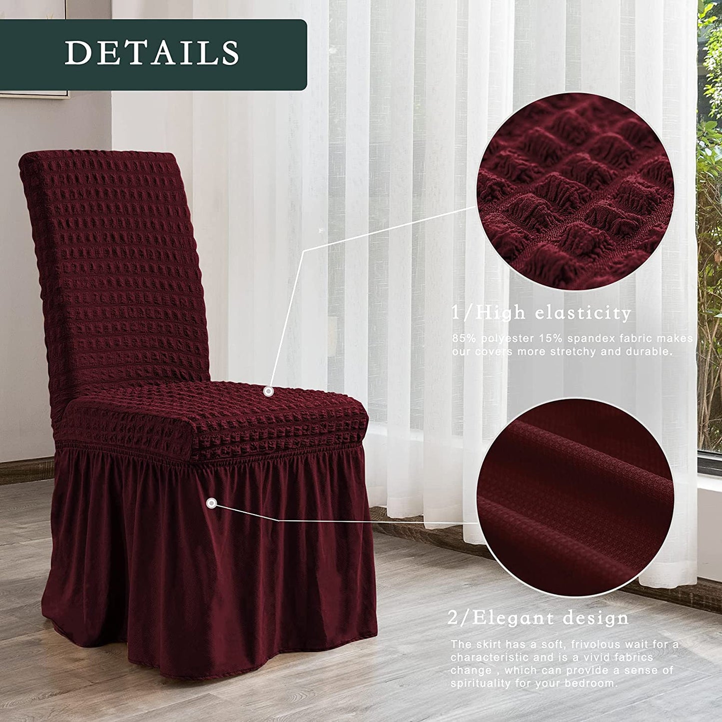 Stretchy Dining Room Chair Covers with Long Skirt, Suitable for families, parties, dirt resistant ,Set of 2/4/6/8 PCS,Wine