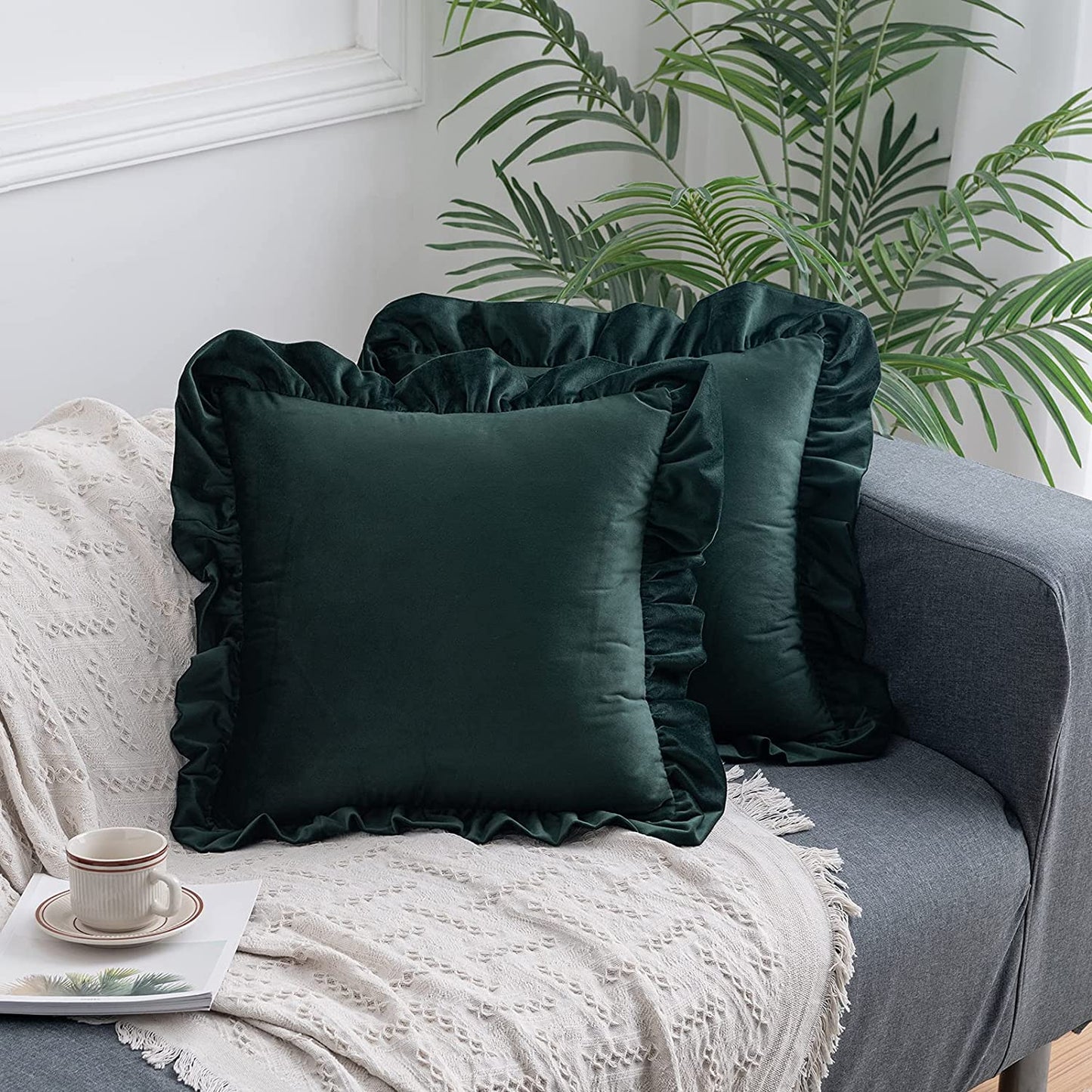 Pack of 2 Velvet Throw Pillow Covers with Ruffle, for Couch Sofa Living Room Decor(Inserts + Pillow Covers)- Dark Green