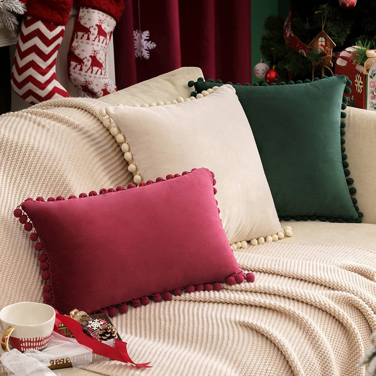 2x  Square Throw Pillows with Cute Pom-poms for Couch Sofa Bedroom Decor (Inserts + Pillow Covers, Wine Red )