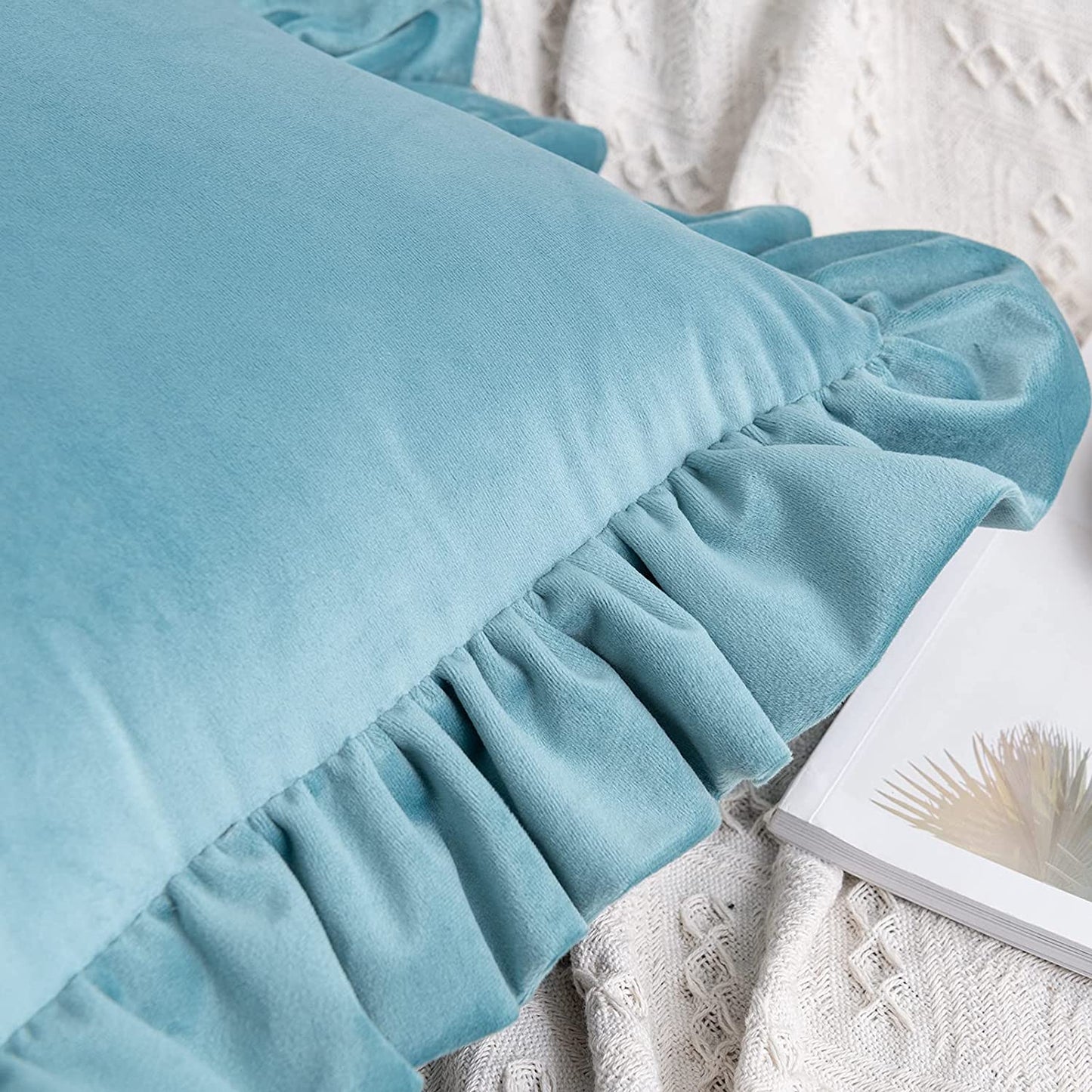 Pack of 2 Velvet Throw Pillow Covers with Ruffle, for Couch Sofa Living Room Decor(Inserts + Pillow Covers)- Aqua Green