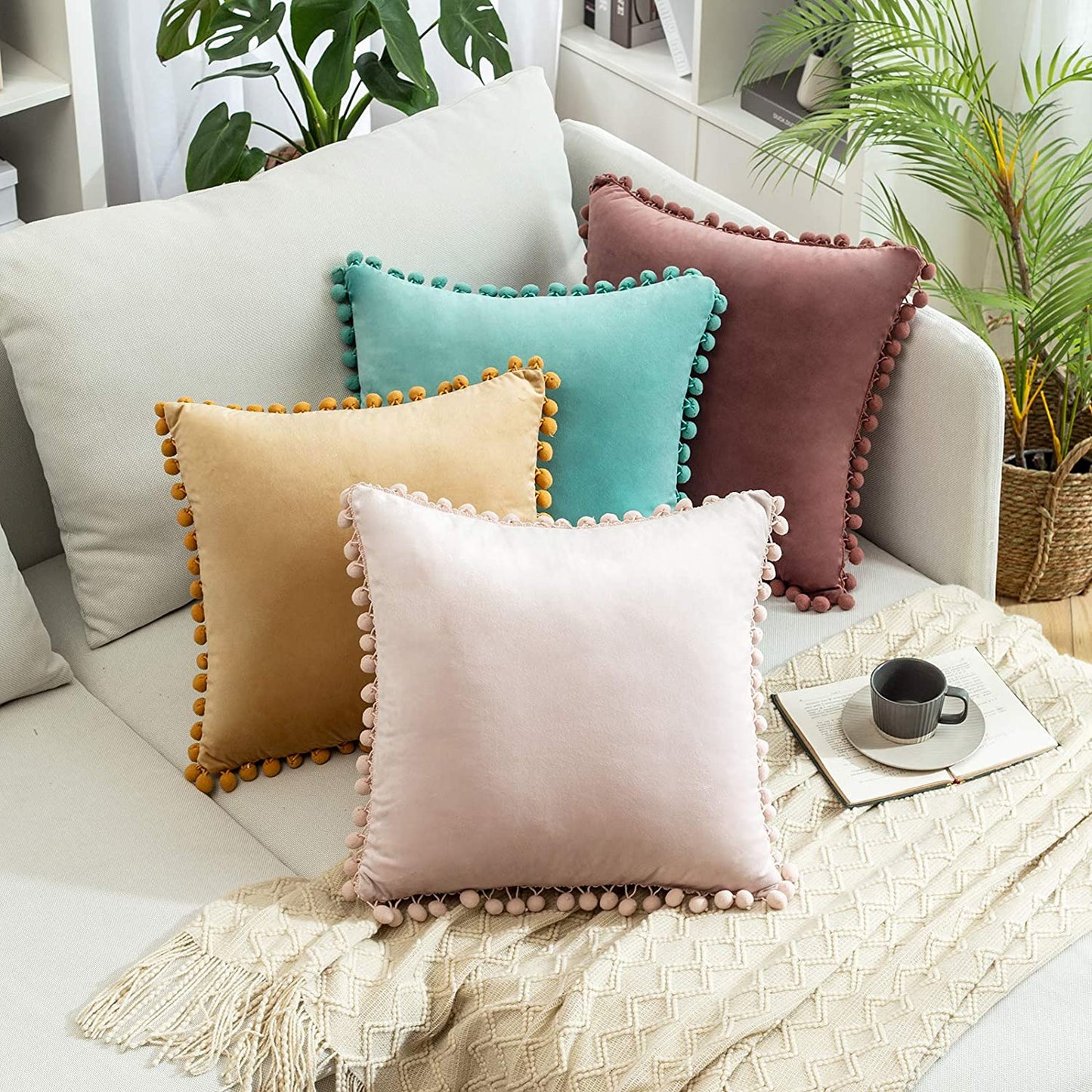 2x  Square Throw Pillows with Cute Pom-poms for Couch Sofa Bedroom Decor (Inserts + Pillow Covers, Teal Green)