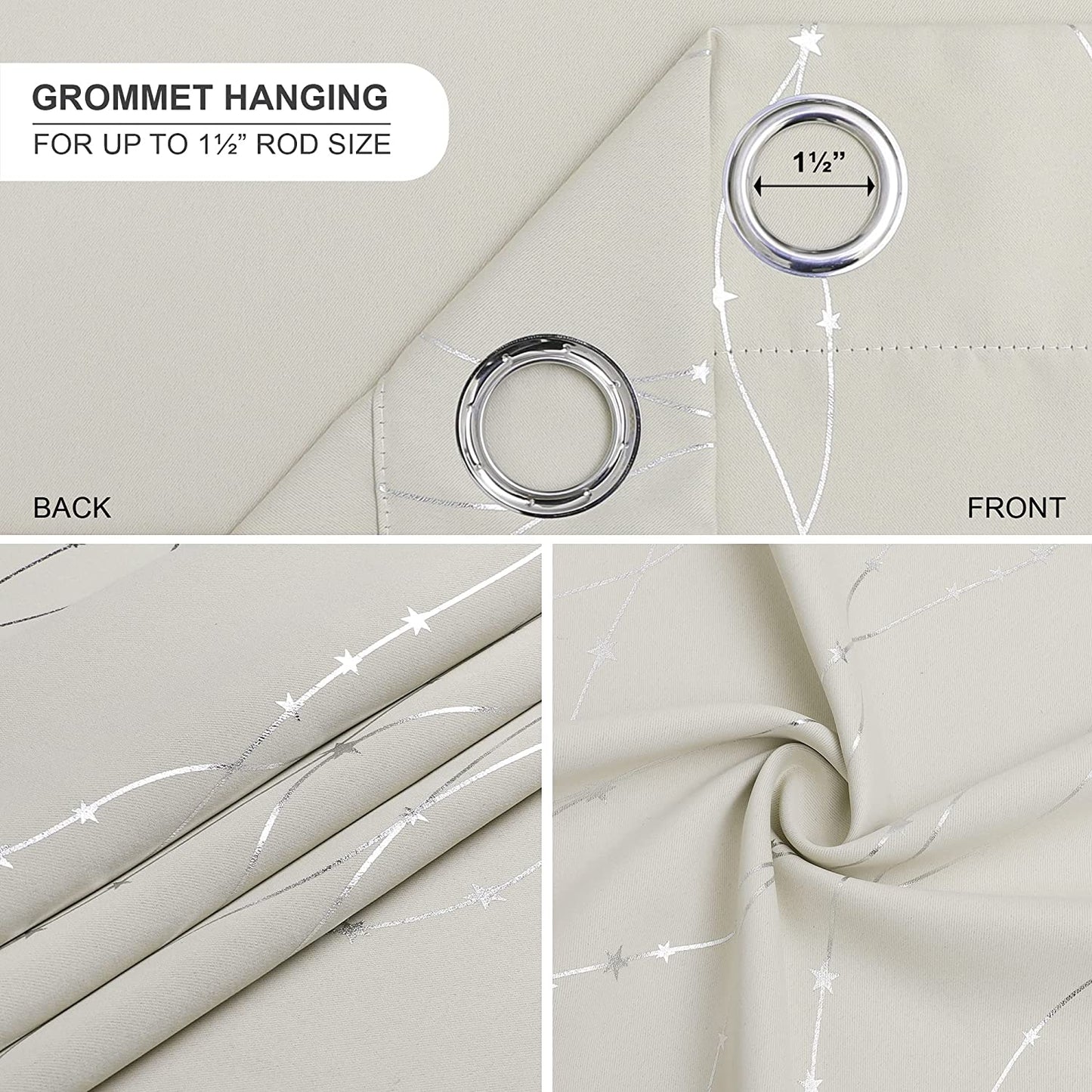 Cream Curtains Bedroom Silver Star Print Design Thermal Insulated Room Darkening Window Treatment Grommet Drapes for Living Room/Kids Game Room Set of 2 Panels