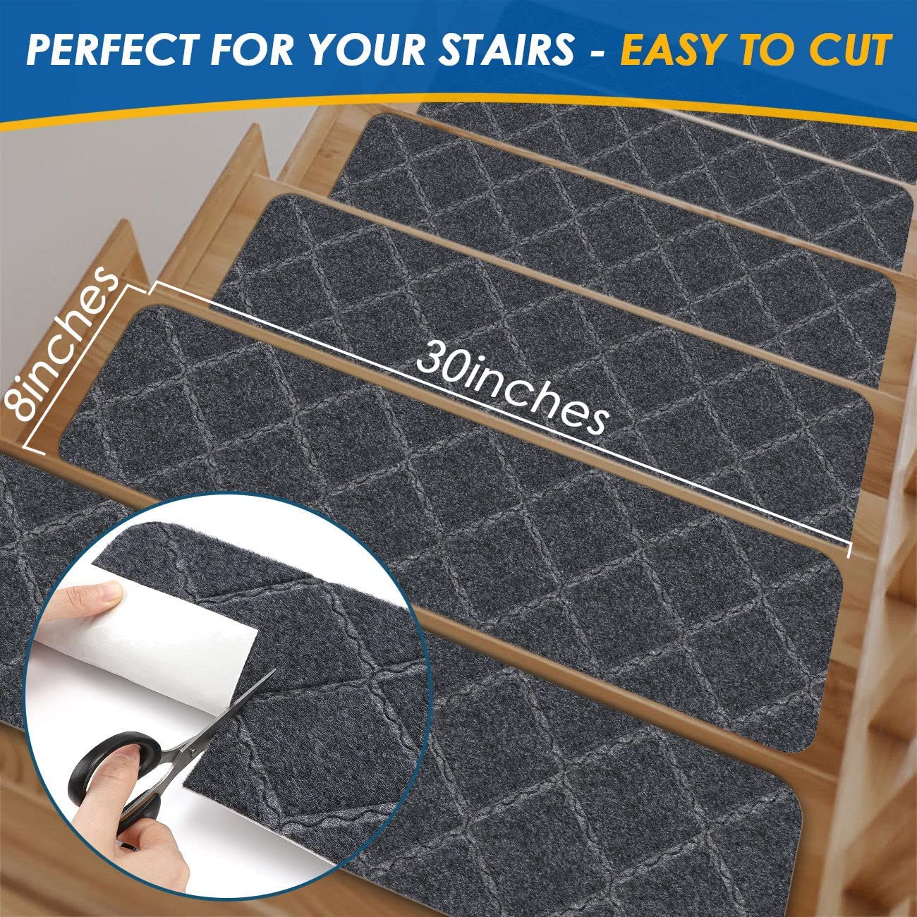 Stair Treads Carpet Non-Slip Indoor Stair Runners for Wooden Steps, Stair Rugs for Kids and Dogs, Set of 15, 8" X 30",Diamond Grey