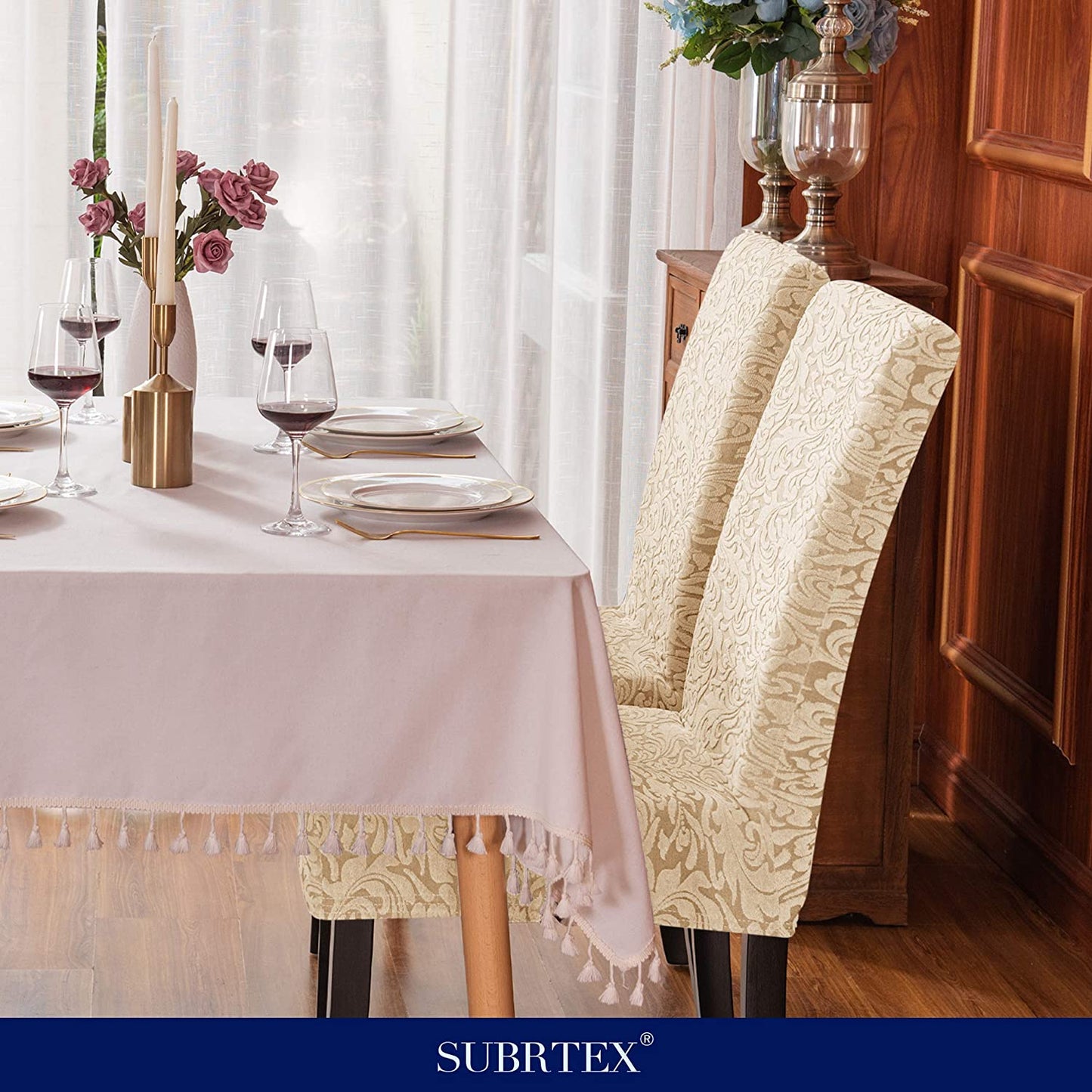 Jacquard Damask Dining Chair Slipcovers Stretch High Back Chair Protector for Kitchen (2/4/6/8pcs, Linen)