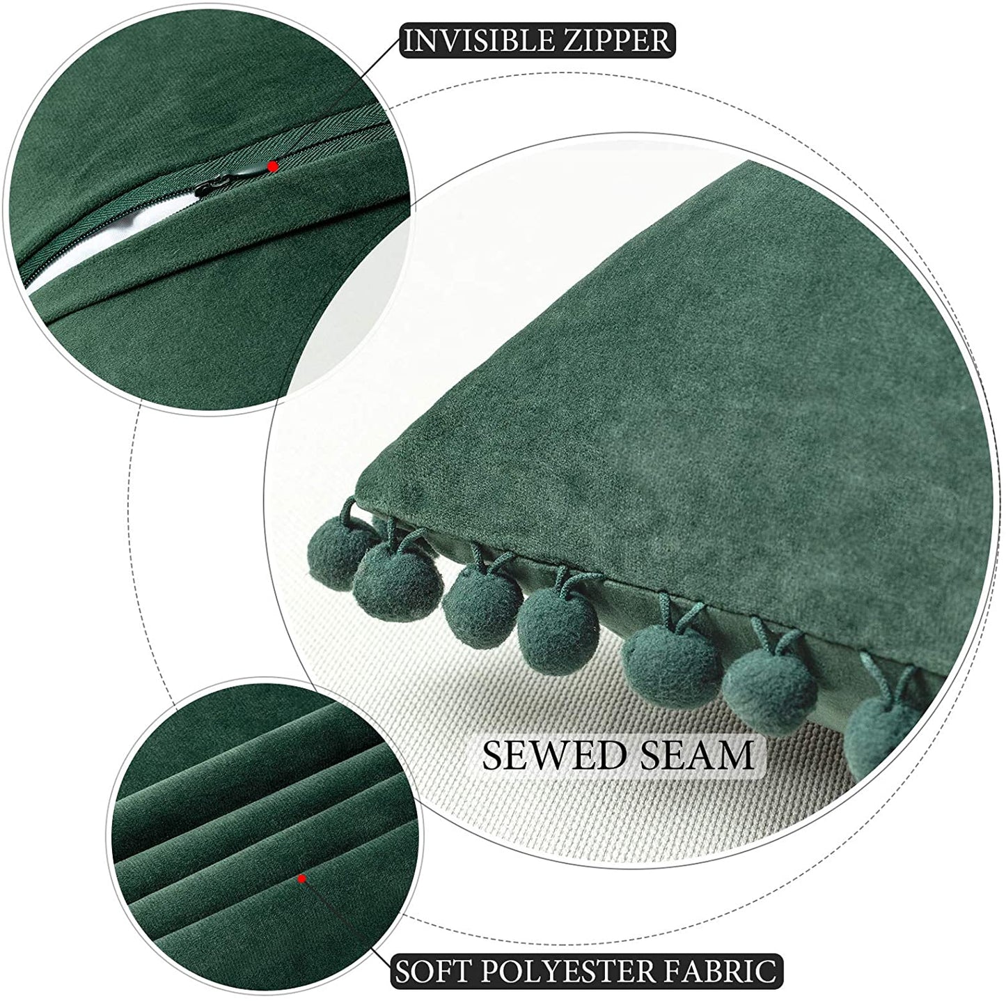 2x  Square Throw Pillows with Cute Pom-poms for Couch Sofa Bedroom Decor (Inserts + Pillow Covers,  Dark Green)