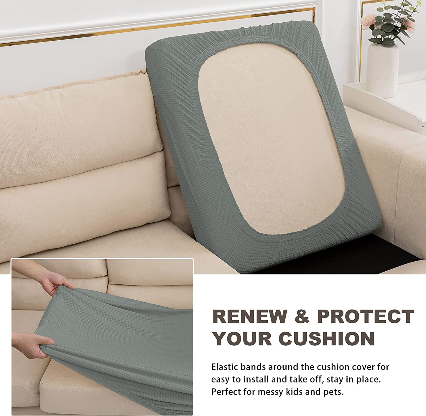 Water Repellent Sofa Couch Cushion Covers Sofa Seat Slipcover Suitable for 1/2/3 Setaer Furniture Protector, Non Slip Small Checks, Grey