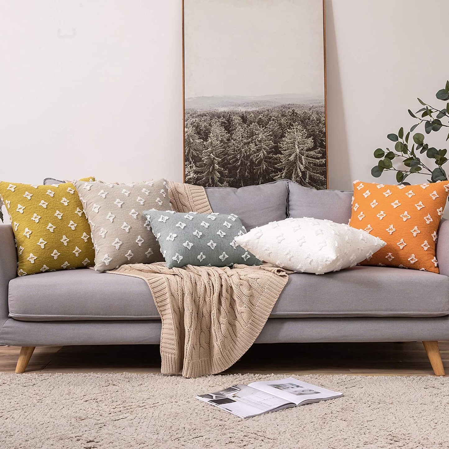Velvet Throw Pillow Diamond Jacquard Soft Couch Pillows Set of 2 (Inserts + Pillow Covers, White)
