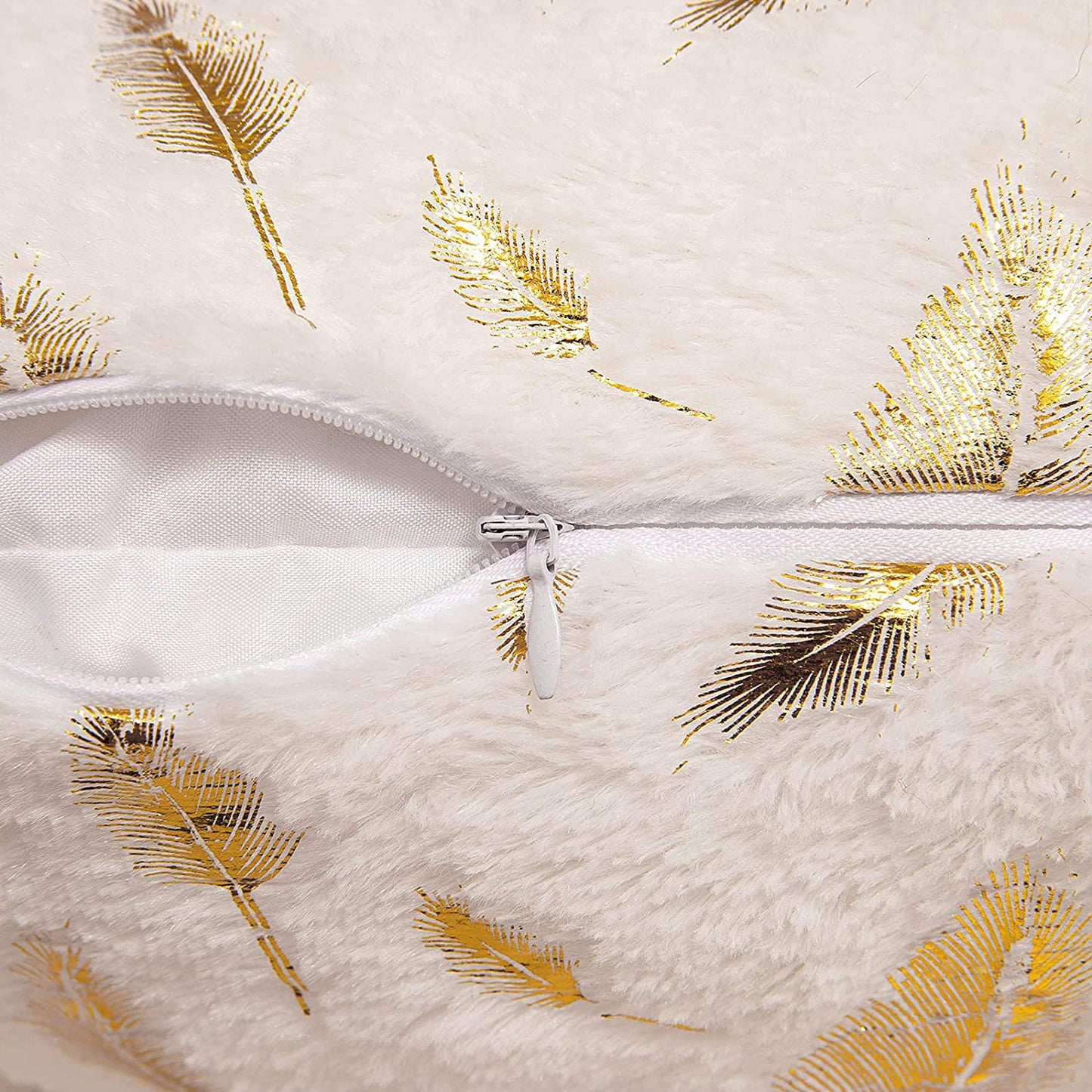 2x Square Throw Pillows Decorative Faux Fur Gold Feathers Gilding Leaves Cushion Cases Soft Fluffy(Inserts + Pillow Covers,White)