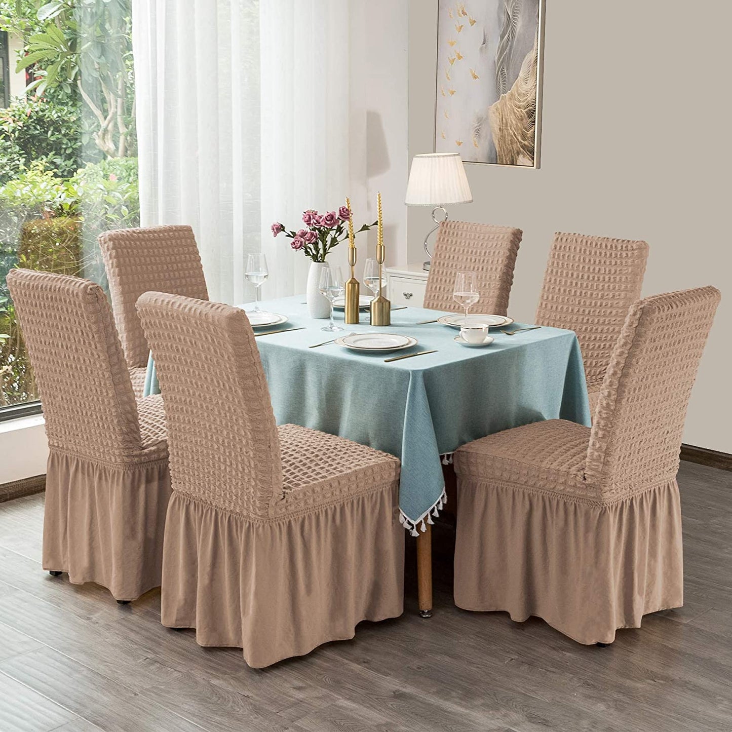 Stretchy Dining Room Chair Covers with Long Skirt, Suitable for families, parties, dirt resistant ,Set of 2/4/6/8 PCS,Oatmeal