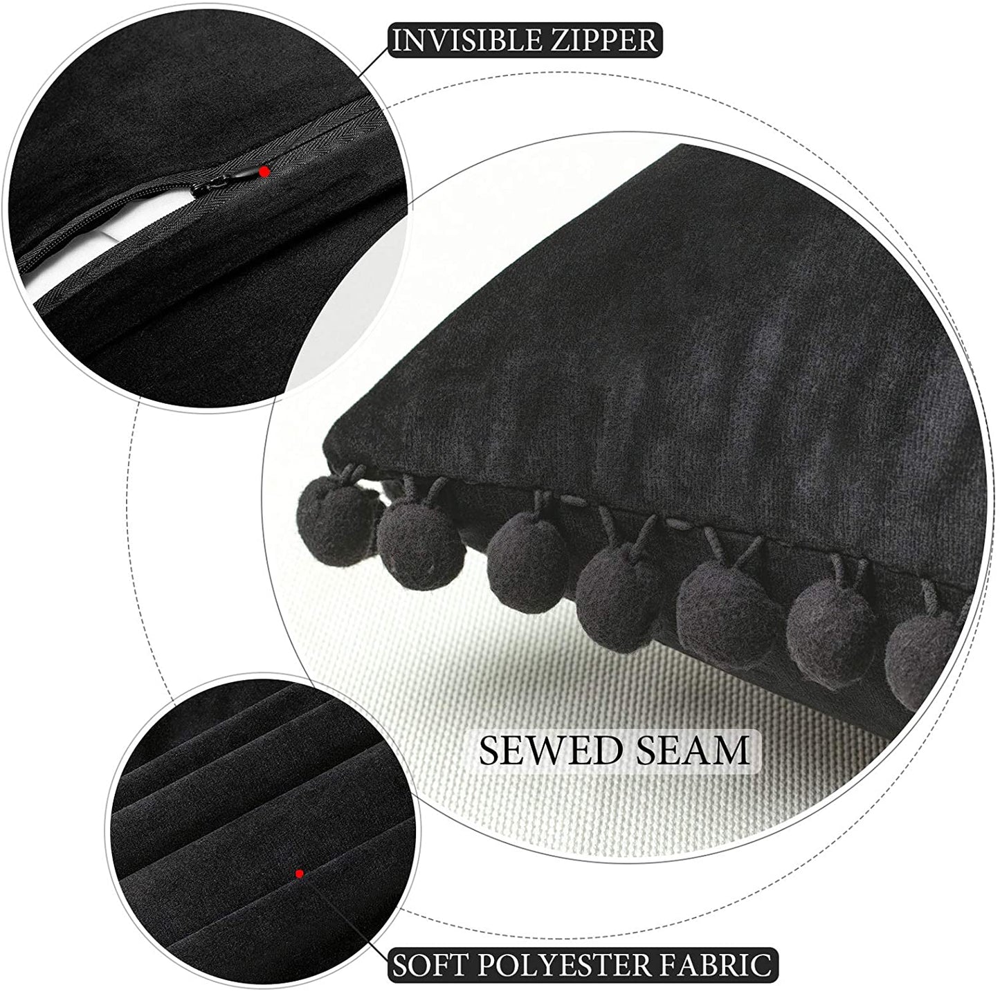2x  Square Throw Pillows with Cute Pom-poms for Couch Sofa Bedroom Decor (Inserts + Pillow Covers,Black)