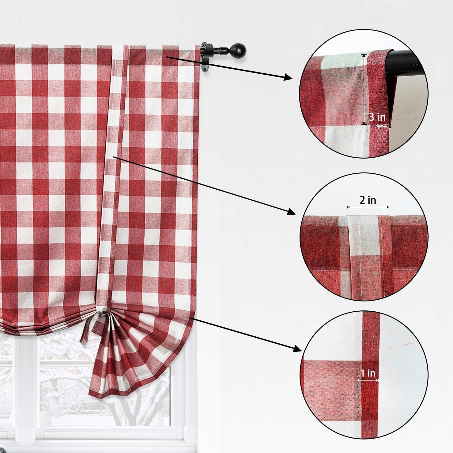 Tie Up Curtain for Kitchen Window Buffalo Check, Burgundy Red and White