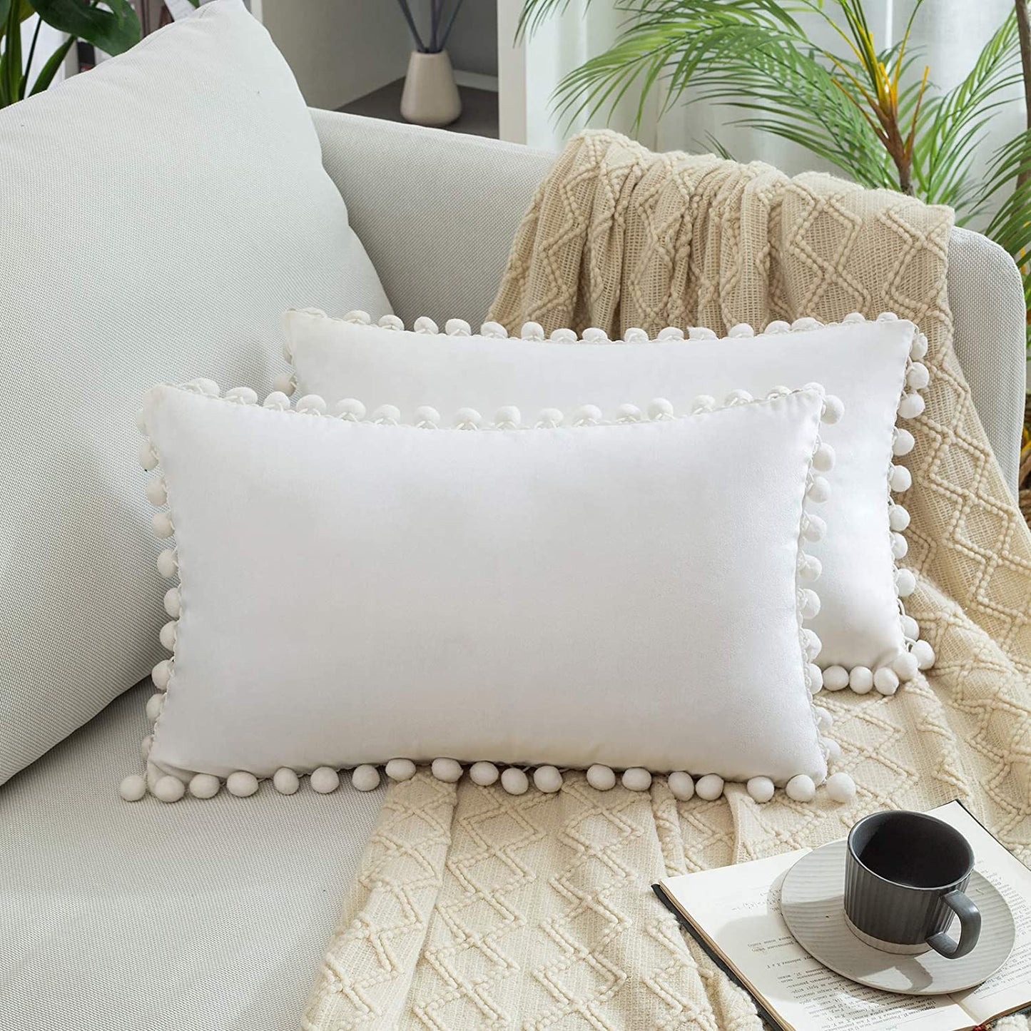 2x  Square Throw Pillows with Cute Pom-poms for Couch Sofa Bedroom Decor (Inserts + Pillow Covers,  White)