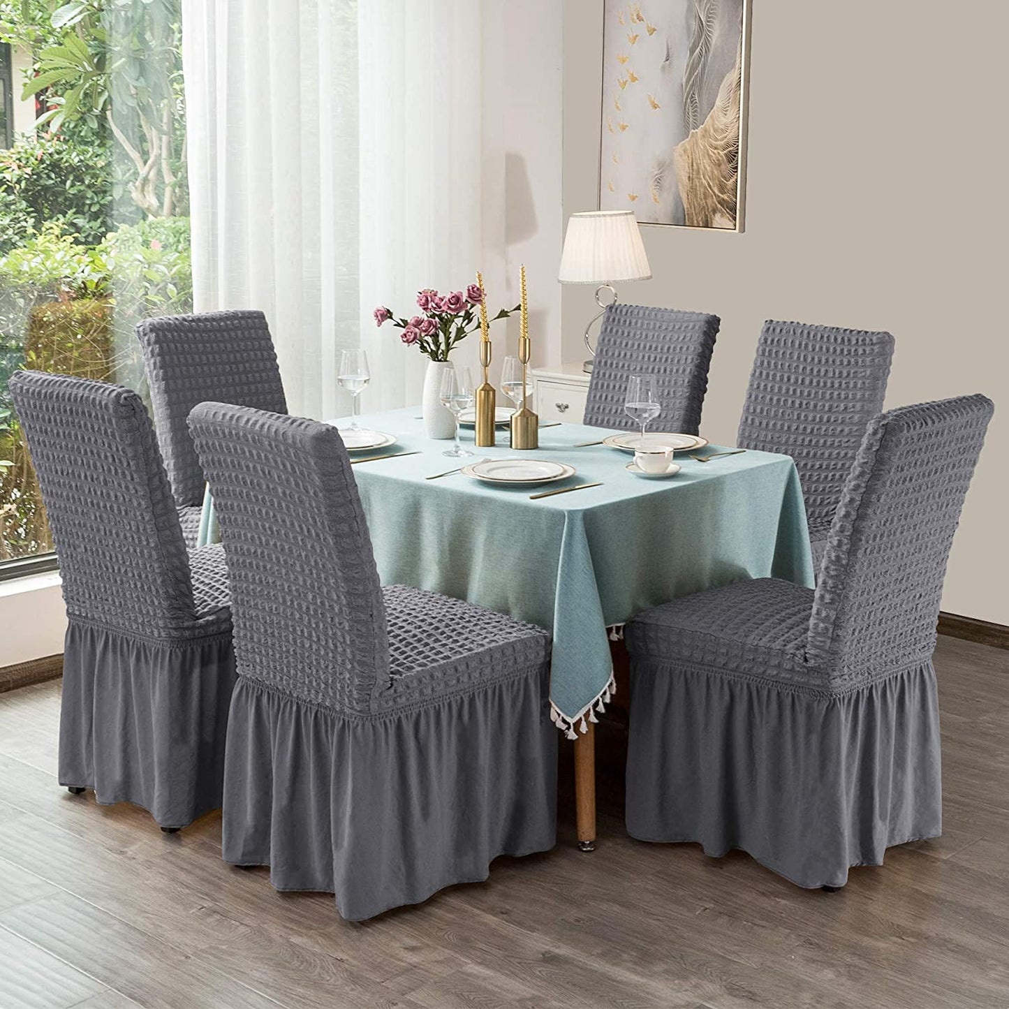 Stretchy Dining Room Chair Covers with Long Skirt, Suitable for families, parties, dirt resistant ,Set of 2/4/6/8 PCS,Grey