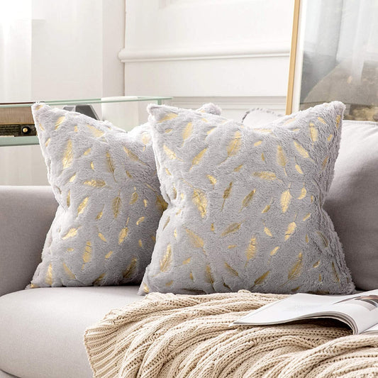 2x Square Throw Pillows Decorative Faux Fur Gold Feathers Gilding Leaves Cushion Cases Soft Fluffy(Inserts + Pillow Covers,Dove)