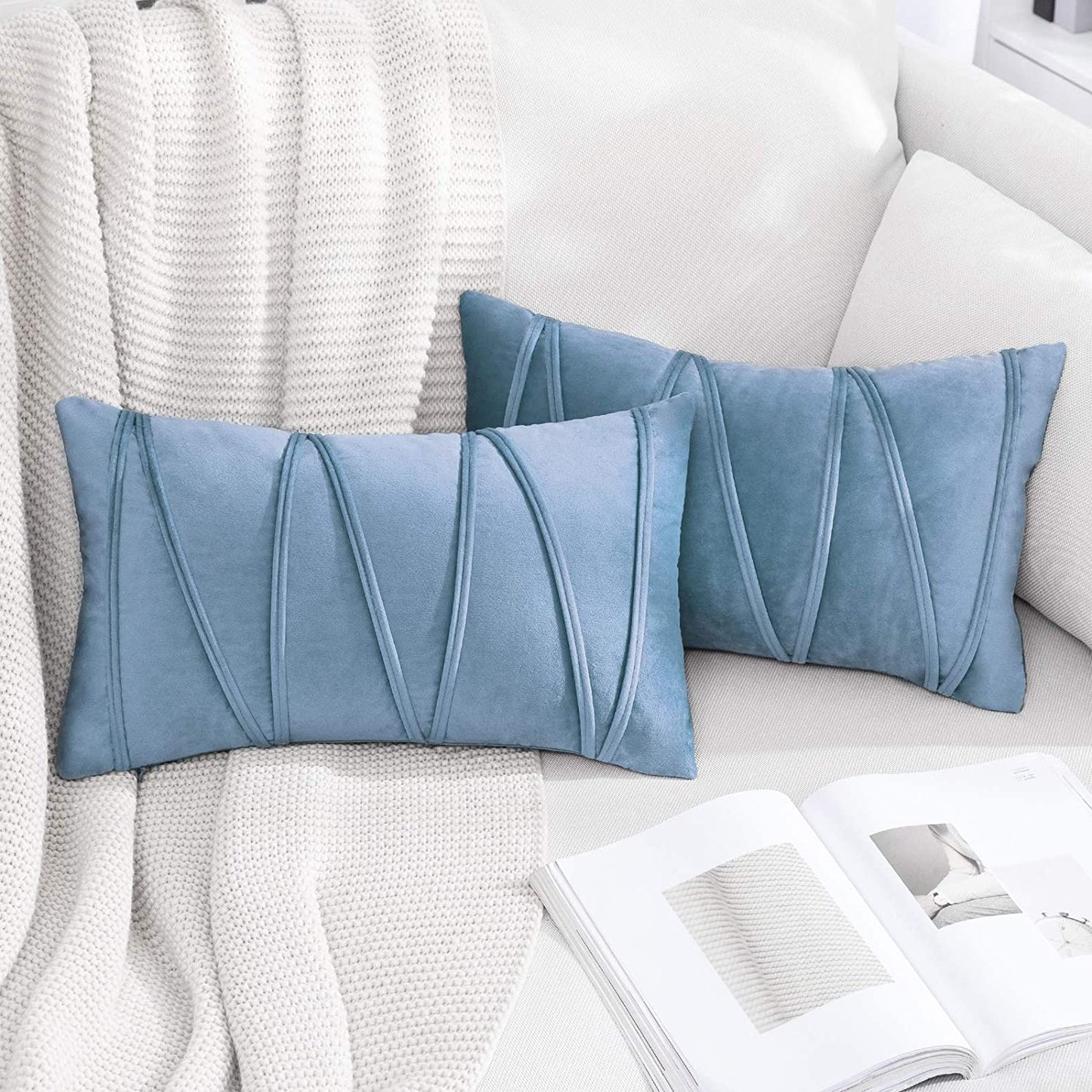 2x Velvet Throw Pillows for Couch Bed Sofa (Inserts + Pillow Covers, Light Blue)