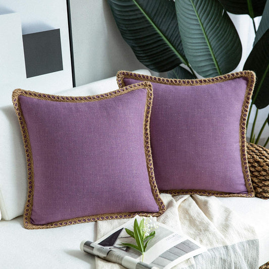 Pack of 2 Farmhouse Decorative Throw Pillow Covers Burlap Linen Trimmed Tailored Edges ,for Couch Sofa Living Room Decor - Purple