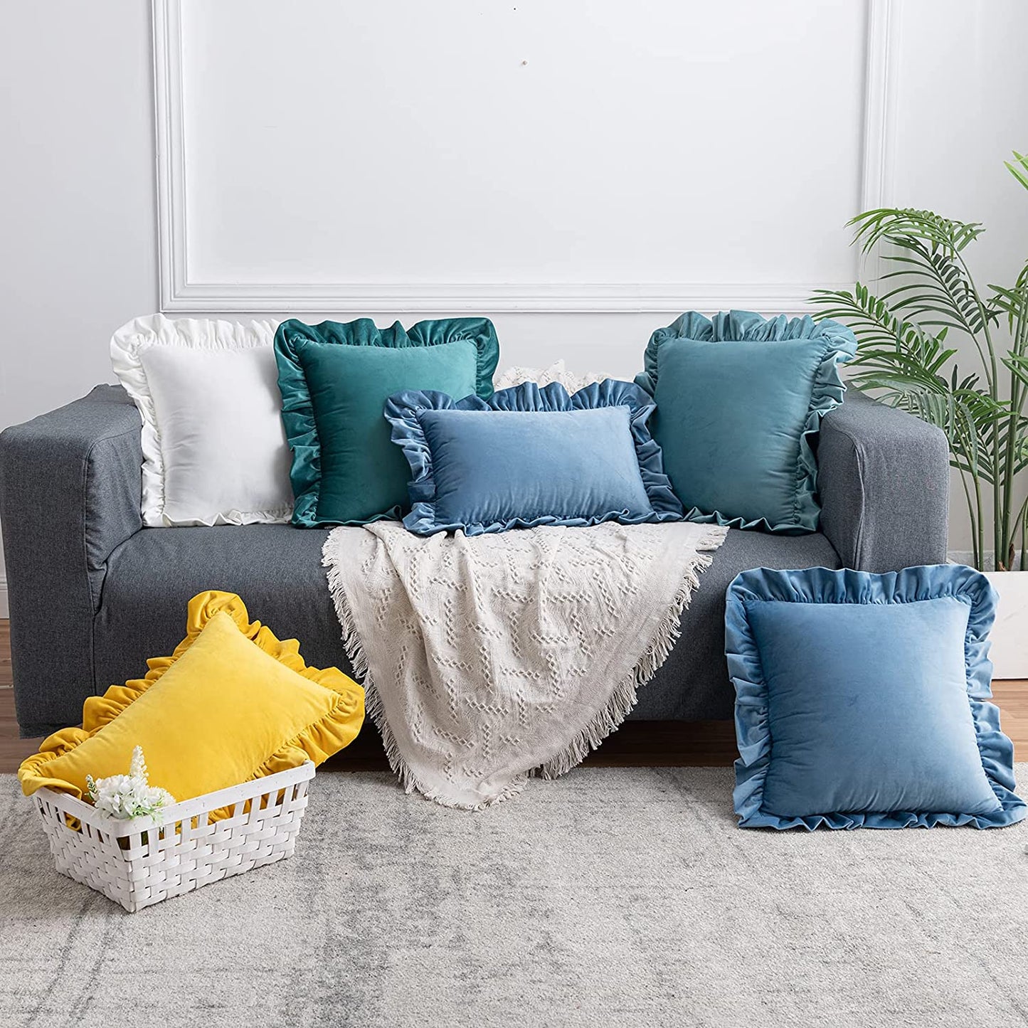 Pack of 2 Velvet Throw Pillow Covers with Ruffle, for Couch Sofa Living Room Decor(Inserts + Pillow Covers)- Aqua Green