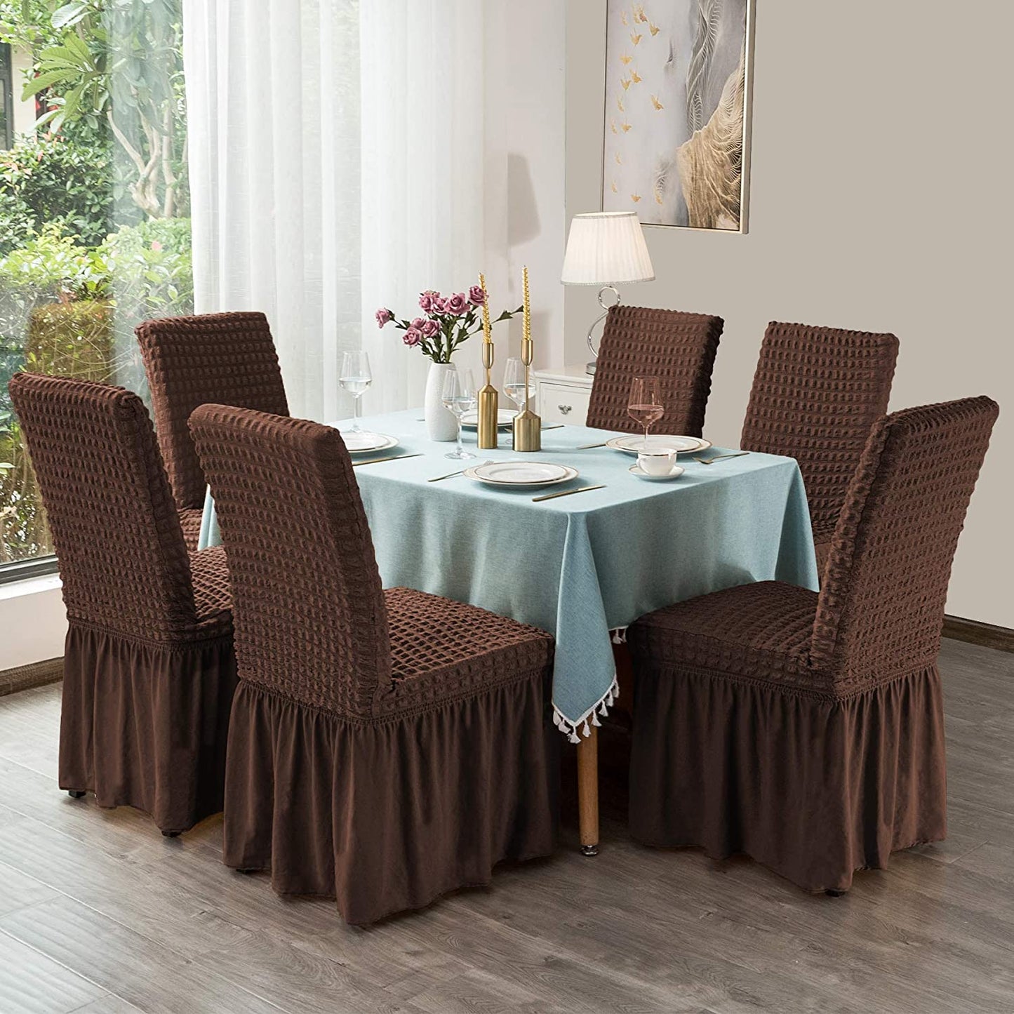 Stretchy Dining Room Chair Covers with Long Skirt, Suitable for families, parties, dirt resistant ,Set of 2/4/6/8 PCS,Chocolate