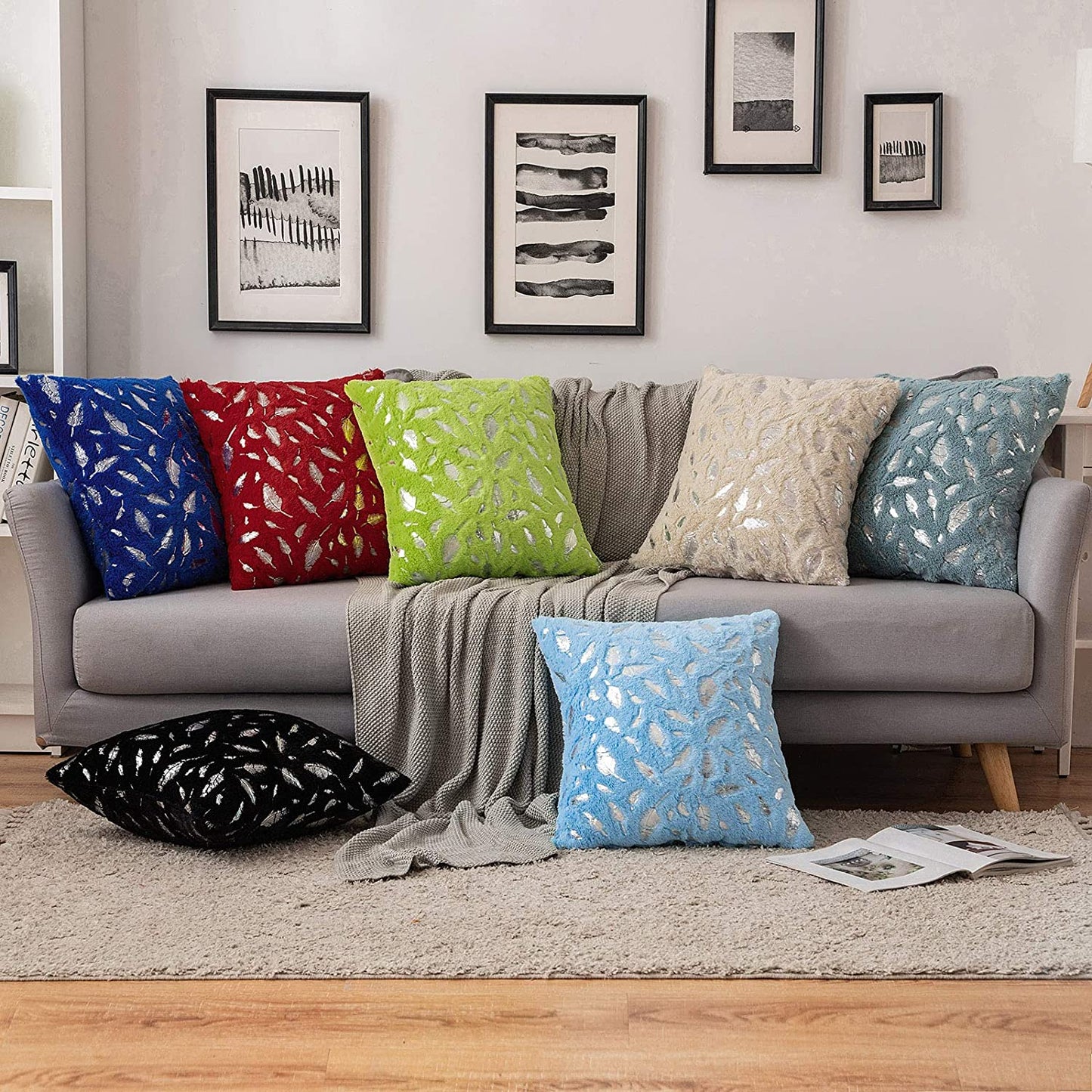 2x Square Throw Pillows Decorative Faux Fur Silver Feathers Silver Leaves Cushion Cases Soft Fluffy(Inserts + Pillow Covers, Red)